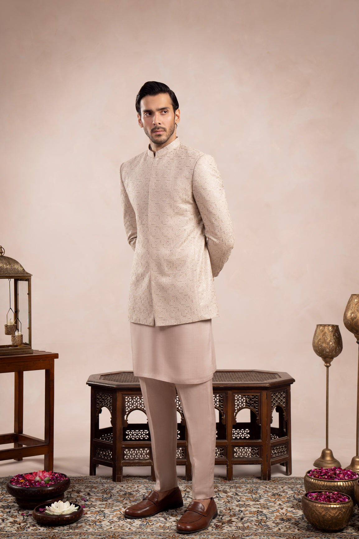 Coffee Beige Kurta Trouser with Square Embroidered Prince Coat - 3PC - Men