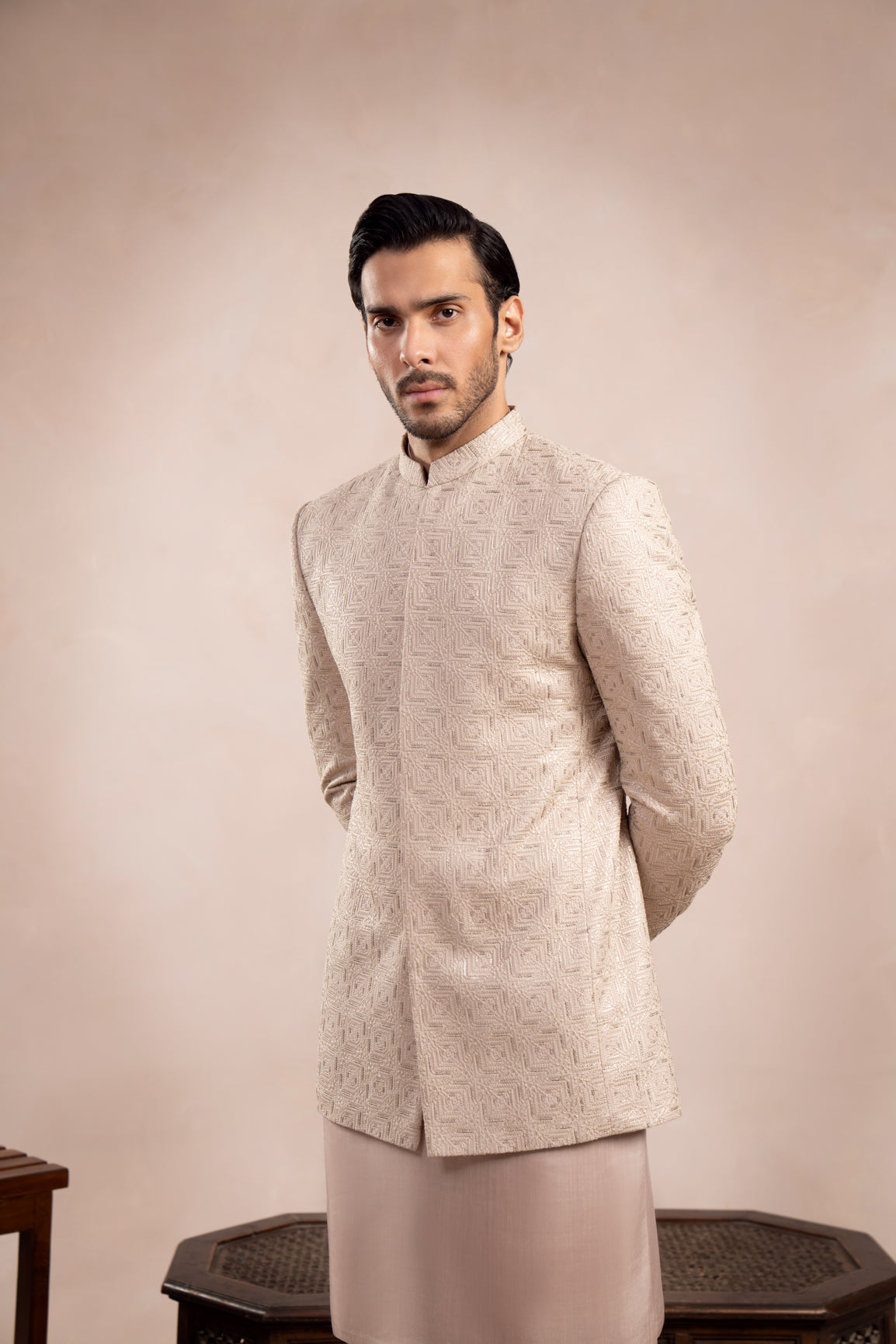 Coffee Beige Kurta Trouser with Square Embroidered Prince Coat - 3PC - Men