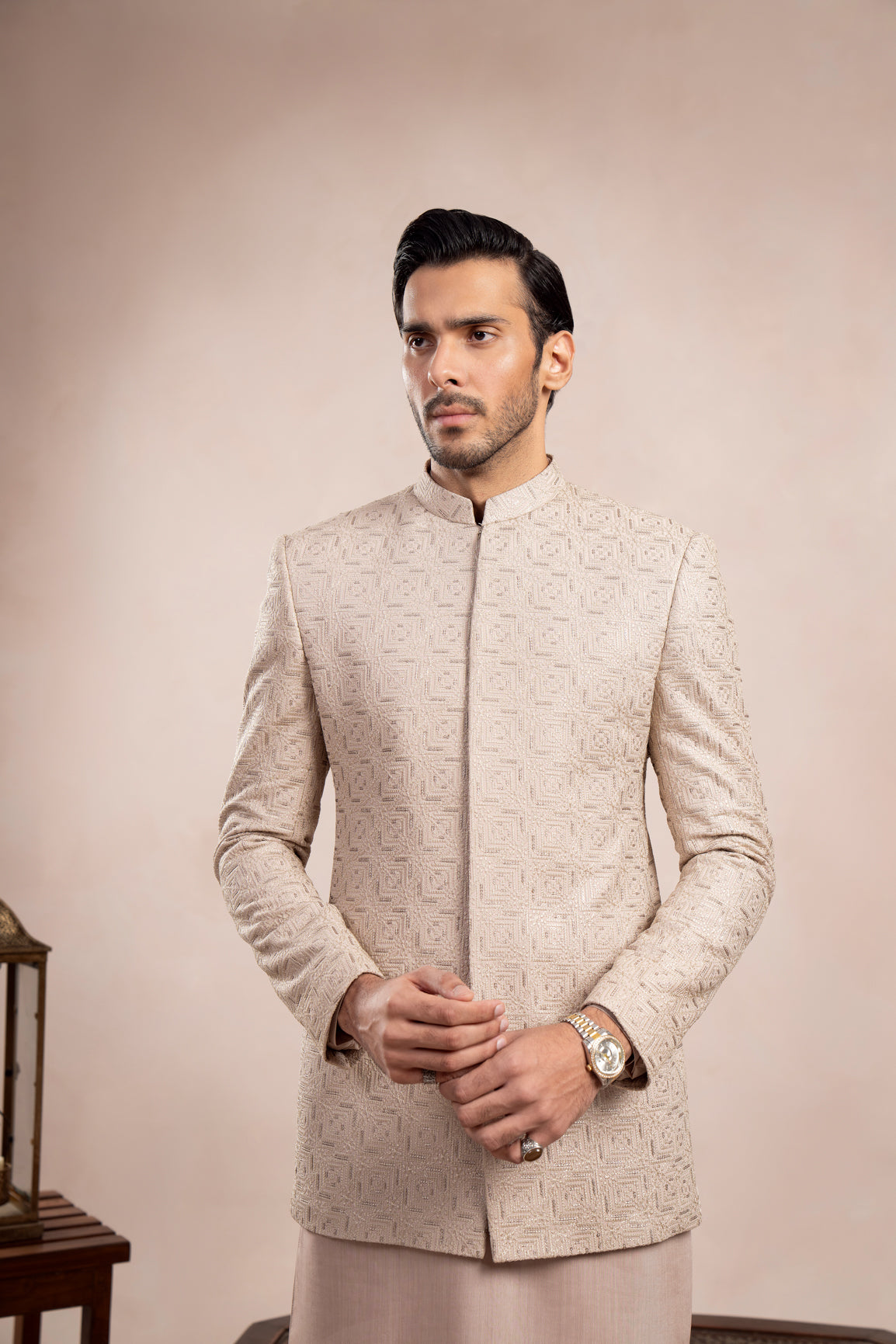 Coffee Beige Kurta Trouser with Square Embroidered Prince Coat - 3PC - Men