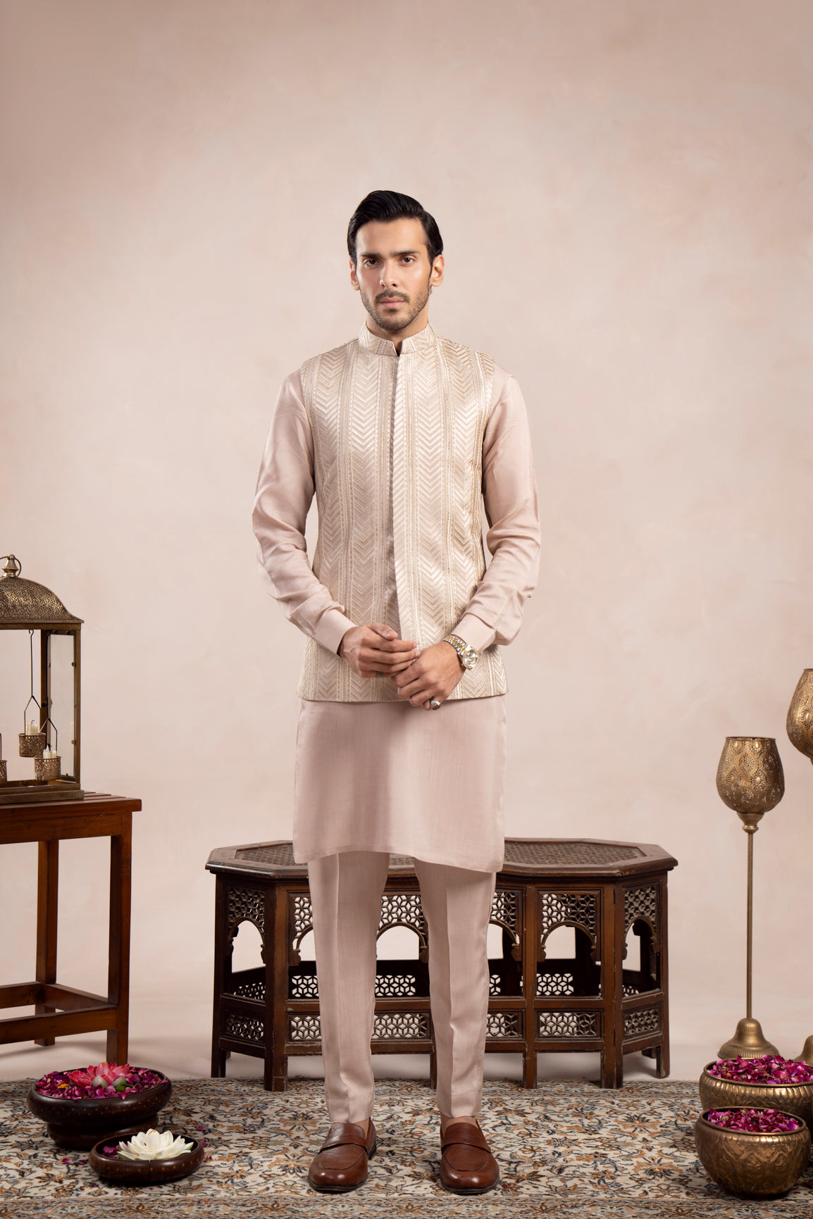 Coffee Beige Kurta Trouser with Square Embroidered Prince Coat - 3PC - Men