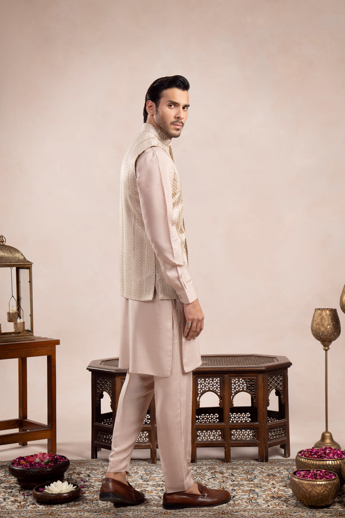 Coffee Beige Kurta Trouser with Arrow Embroidered Waistcoat  - 3PC - Men