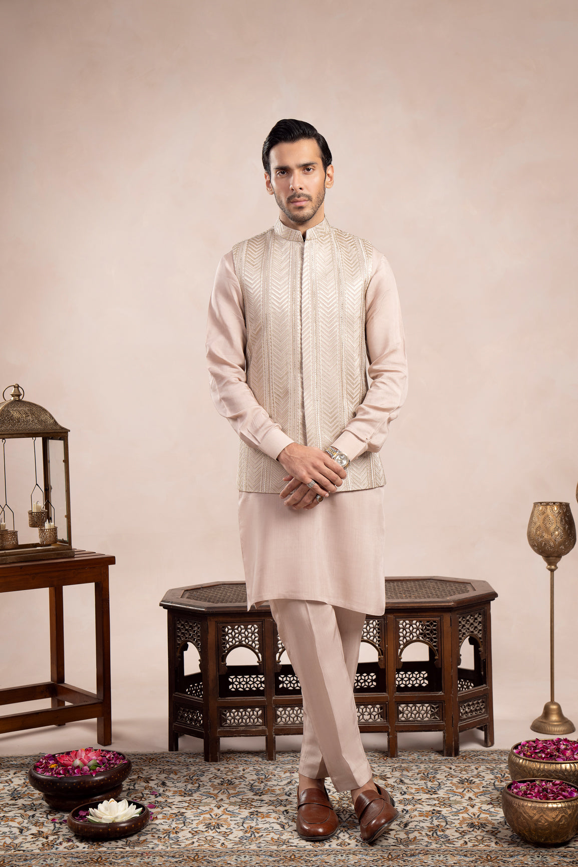 Coffee Beige Kurta Trouser with Arrow Embroidered Waistcoat  - 3PC - Men