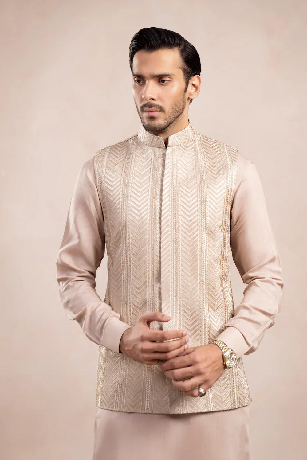 Coffee Beige Arrow Embroidered Waistcoat - Men - Muraqsh -- Wedding Wear