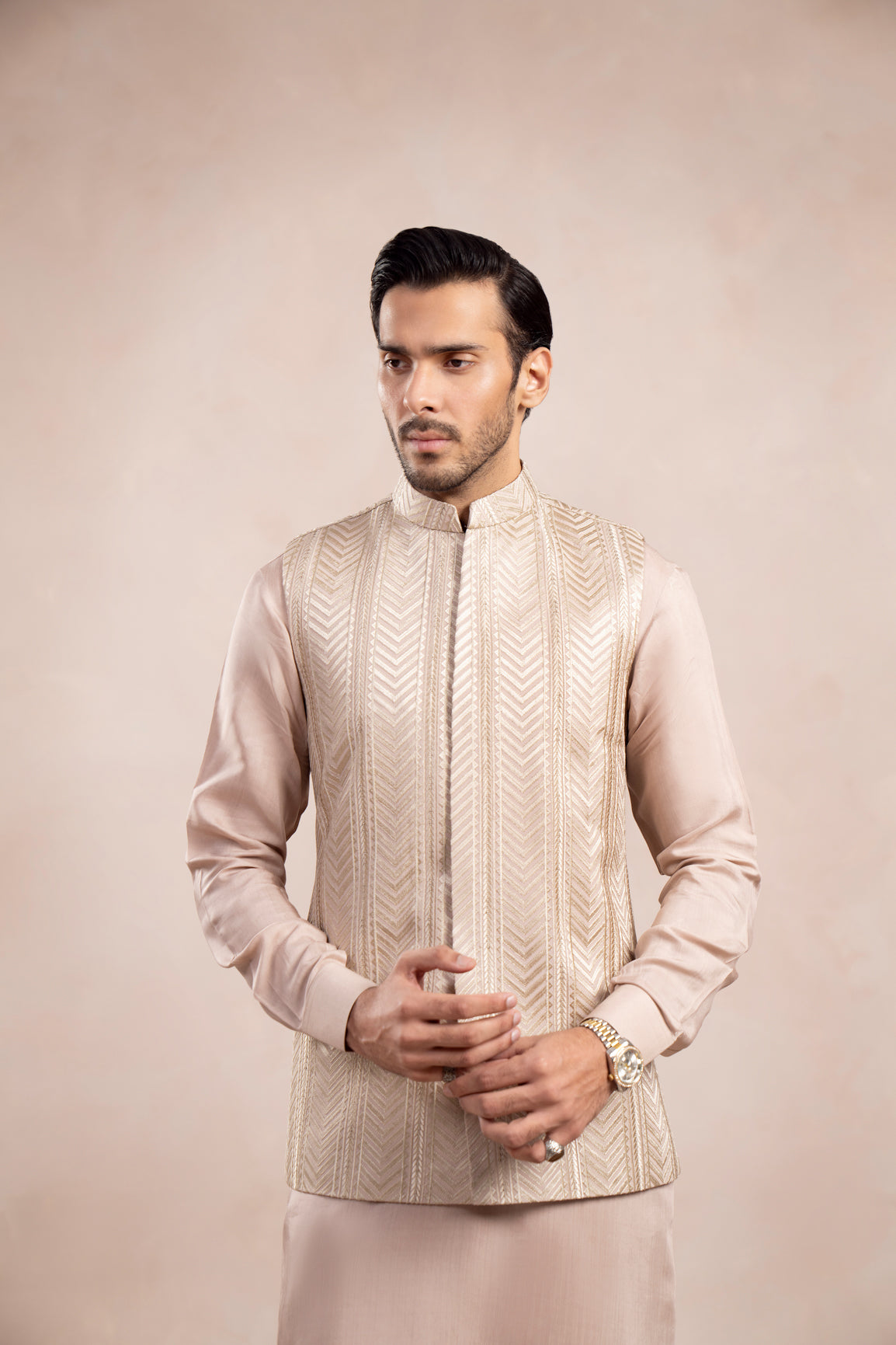 Coffee Beige Kurta Trouser with Arrow Embroidered Waistcoat  - 3PC - Men