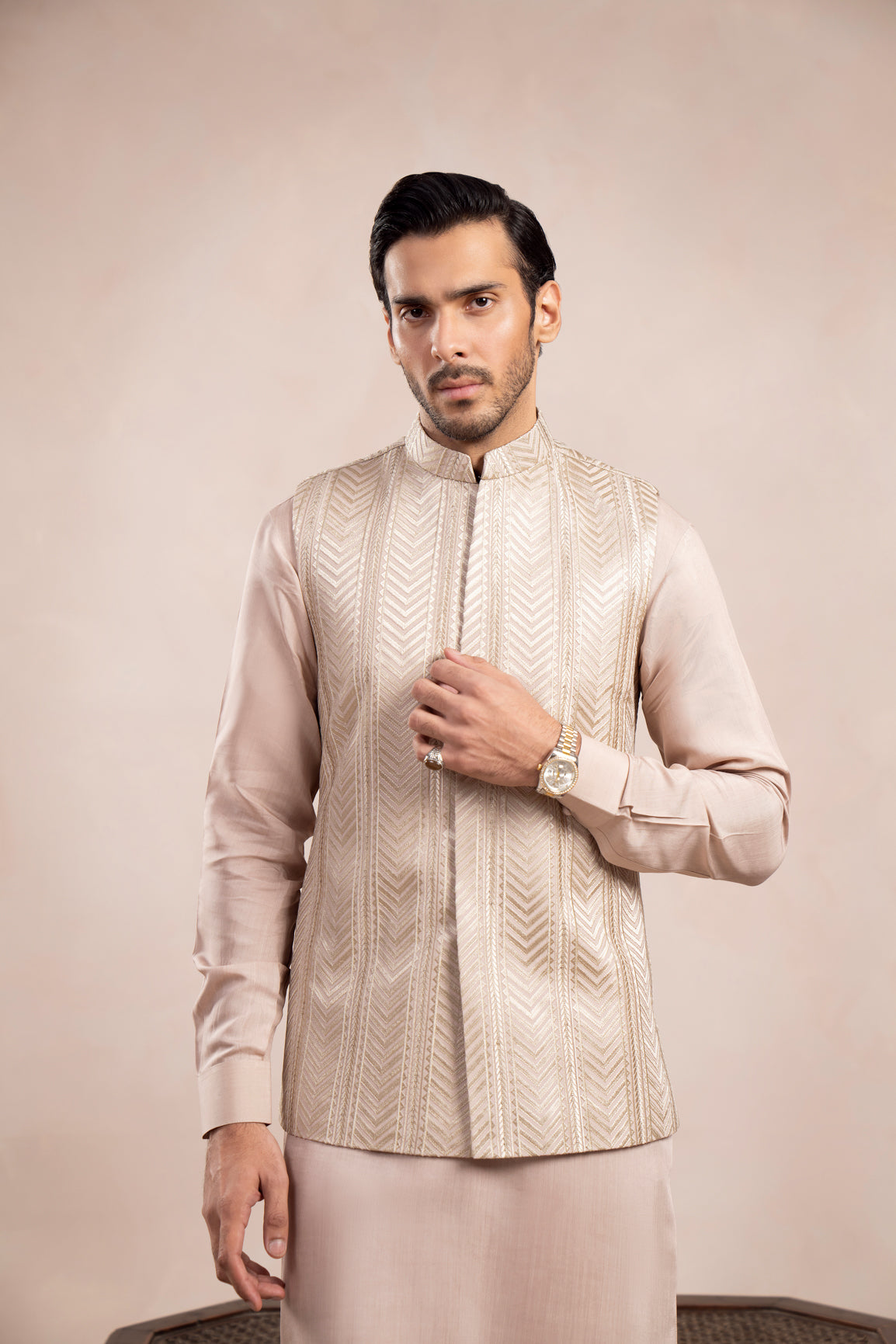 Coffee Beige Kurta Trouser with Arrow Embroidered Waistcoat  - 3PC - Men