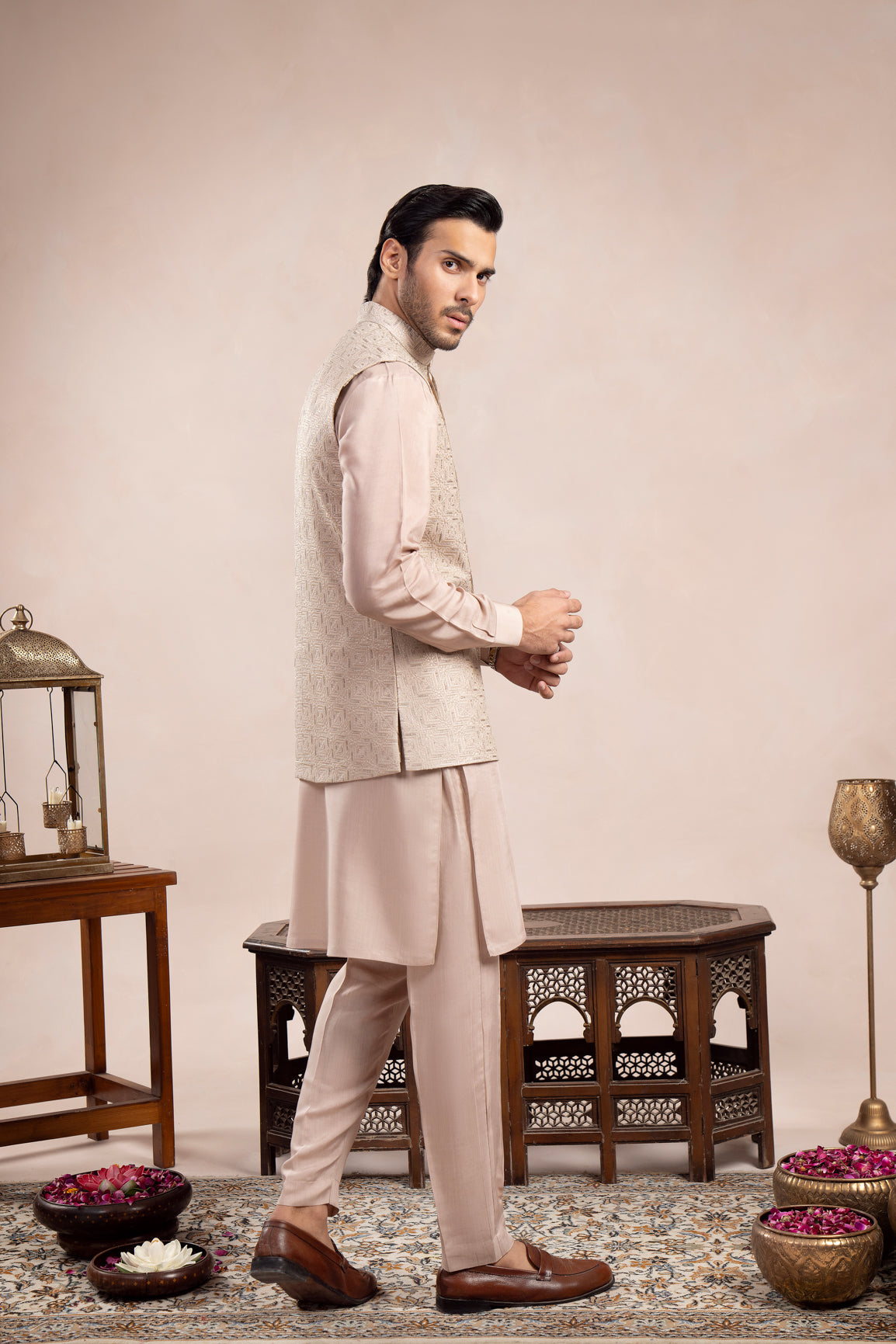 Coffee Beige Kurta Trouser with Square Embroidered Waistcoat  - 3PC - Men