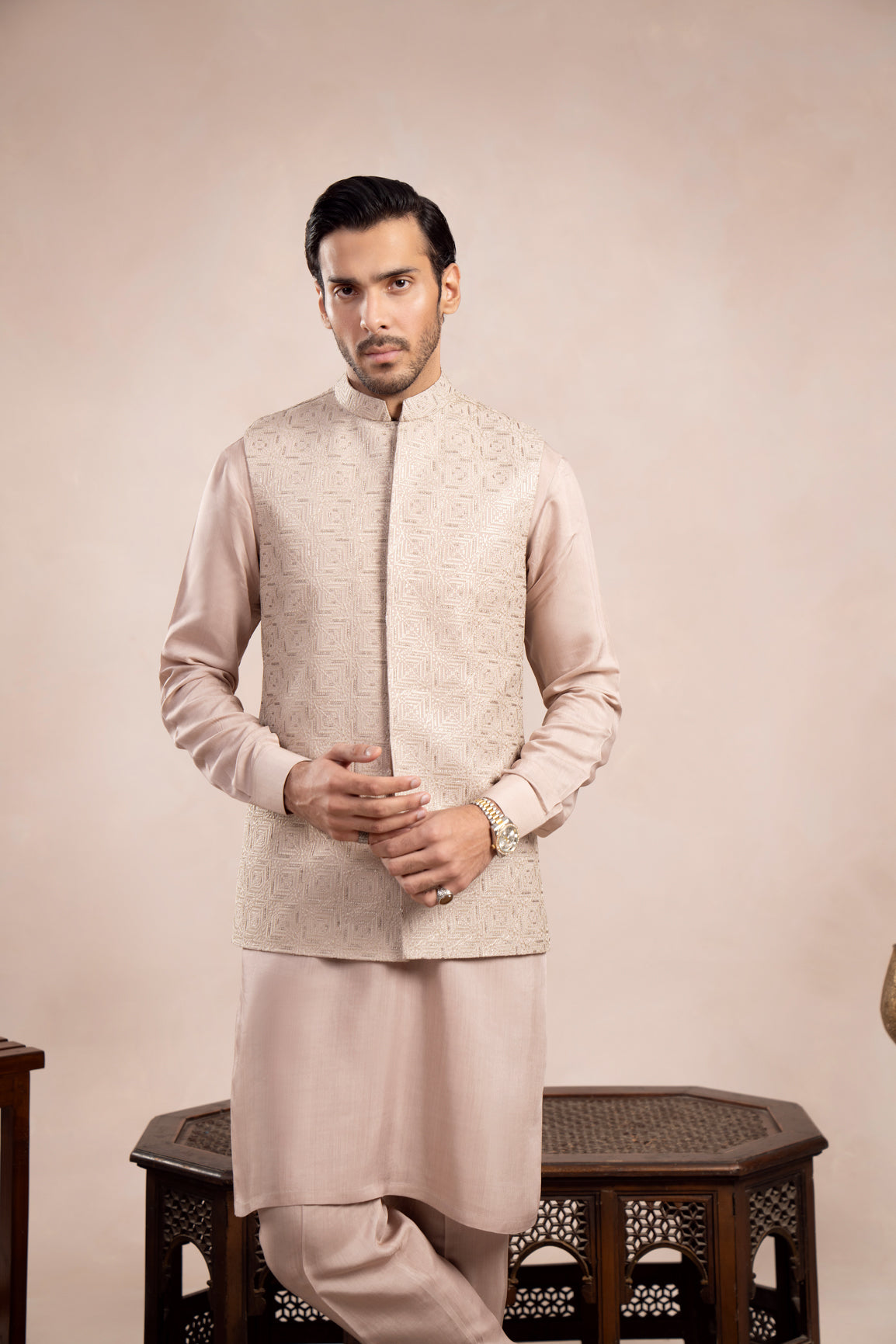 Coffee Beige Kurta Trouser with Square Embroidered Waistcoat  - 3PC - Men