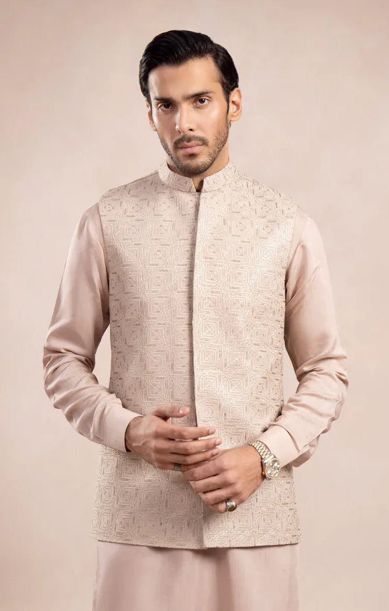 Coffee Beige Square Embroidered Waistcoat - Men - Muraqsh -- Wedding Wear