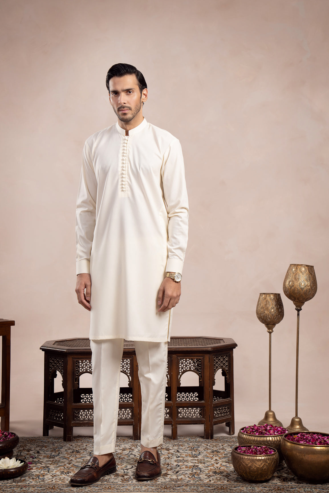 Bosky White Blended  Kurta Trouser - Loop Buttons - Men