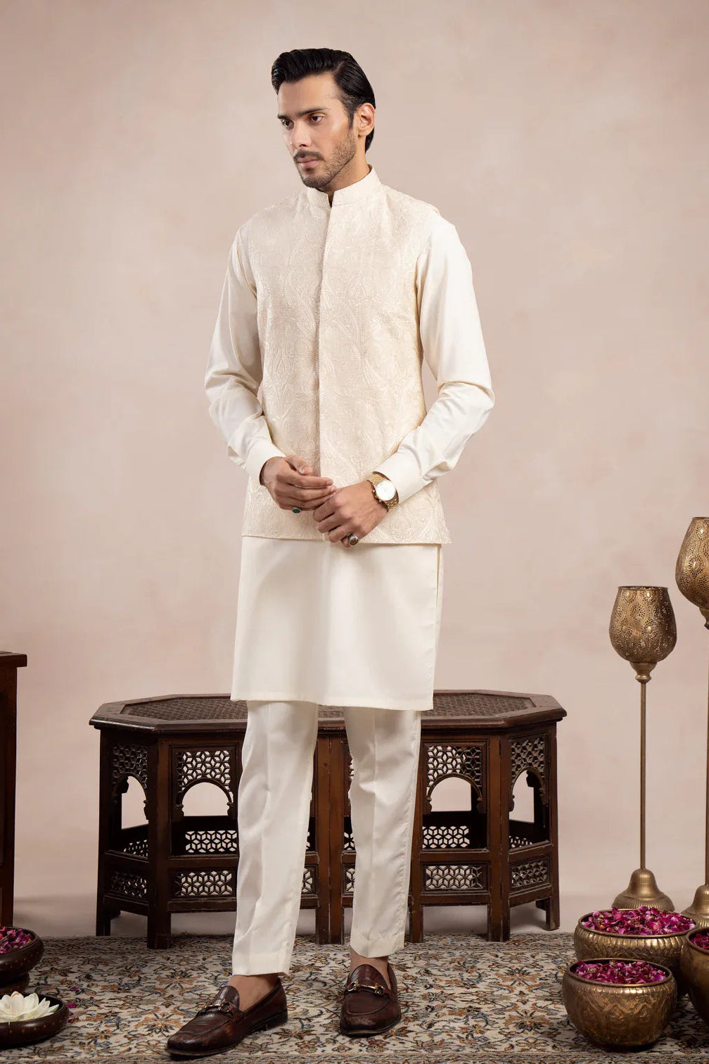 Bosky White Kurta Trouser with Cross Stitched Embroidered Waistcoat - 3PC - Men - Muraqsh -- Wedding Wear