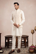 Bosky White Kurta Trouser with Cross Stitched Embroidered Waistcoat  - 3PC - Men
