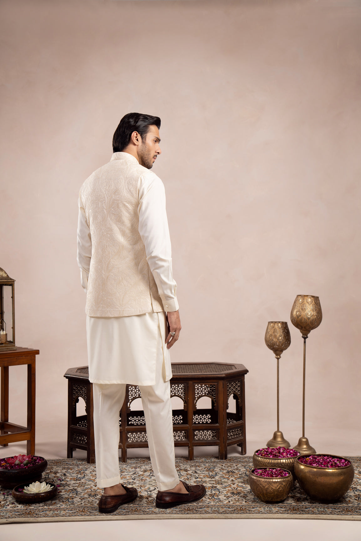 Bosky White Kurta Trouser with Cross Stitched Embroidered Waistcoat  - 3PC - Men