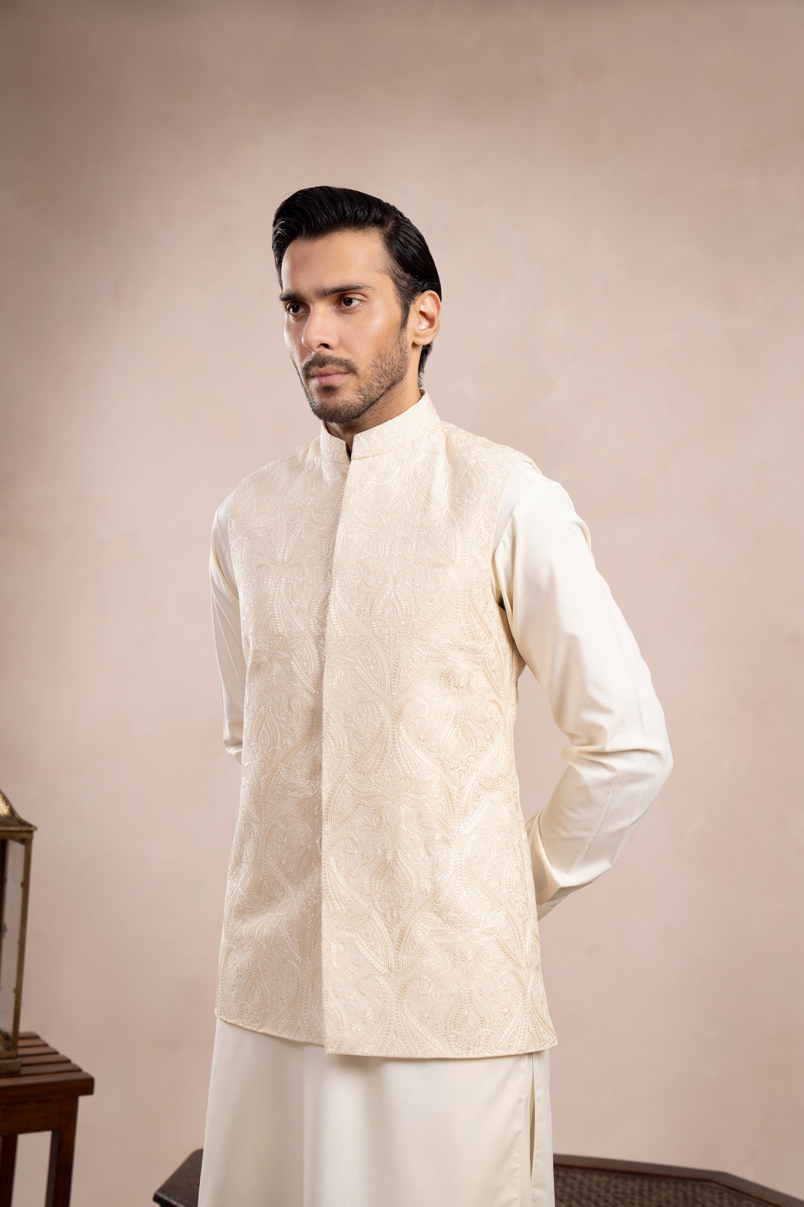 Bosky White Kurta Trouser with Cross Stitched Embroidered Waistcoat  - 3PC - Men