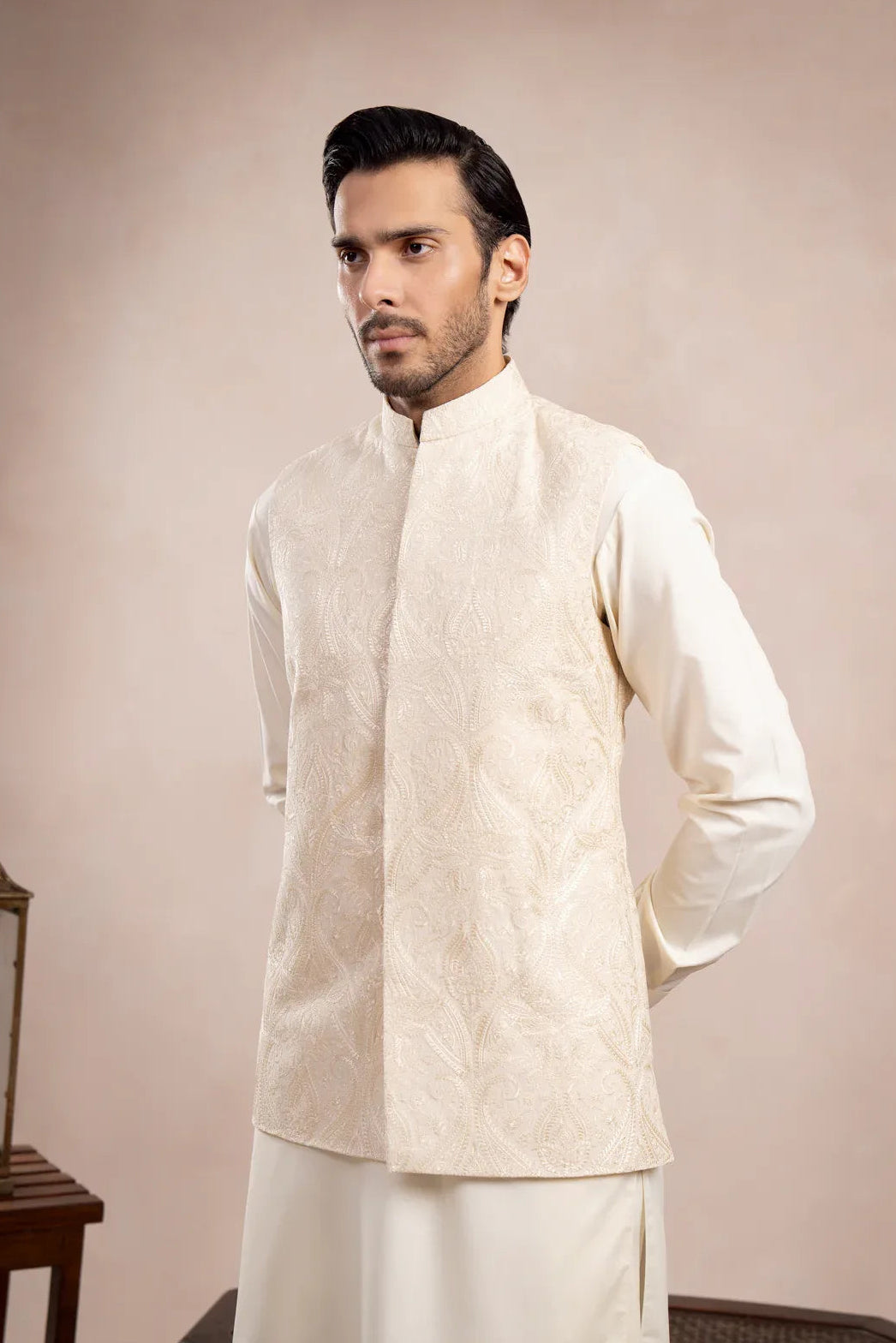 Bosky White Cross Stitched Embroidered Waistcoat - Men - Muraqsh -- Wedding Wear