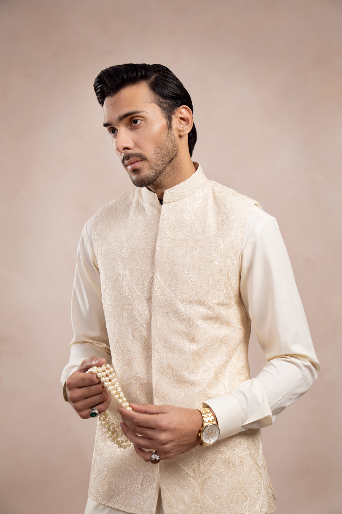 Bosky White Kurta Trouser with Cross Stitched Embroidered Waistcoat  - 3PC - Men