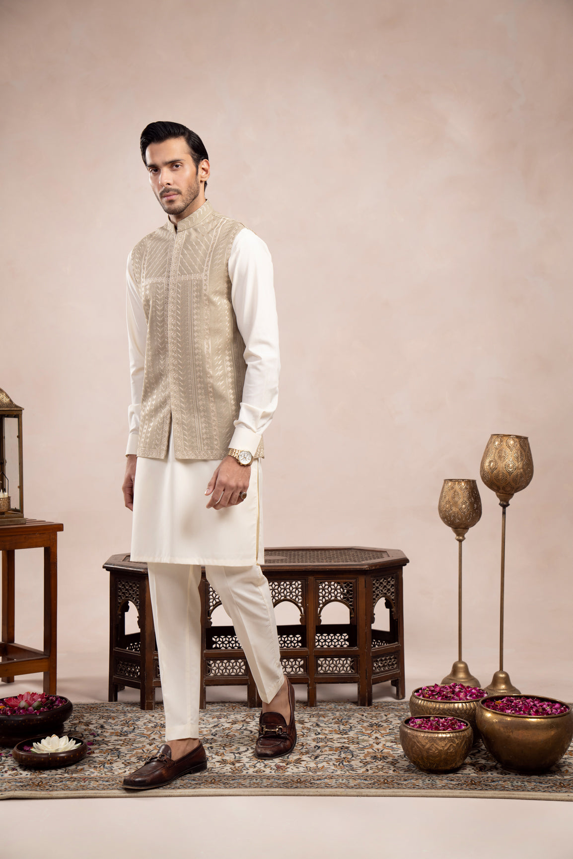 Bosky White Kurta Trouser with Royal Mint Embroidered Waistcoat  - 3PC - Men