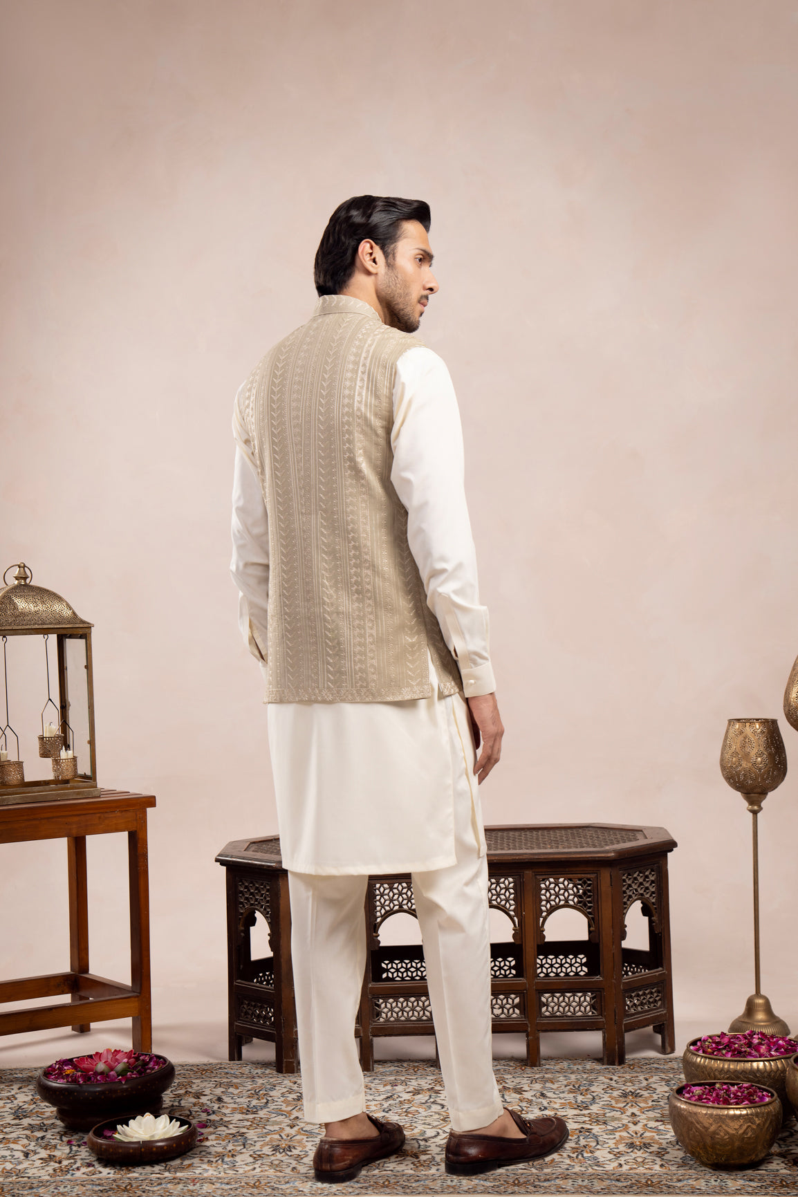 Bosky White Kurta Trouser with Royal Mint Embroidered Waistcoat  - 3PC - Men