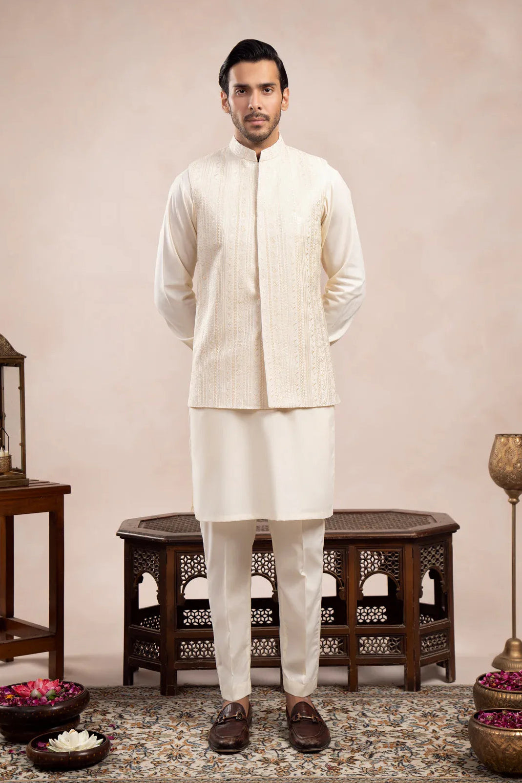 Bosky White Kurta Trouser with Falling Embroidered Waistcoat - 3PC - Men - Muraqsh -- Wedding Wear