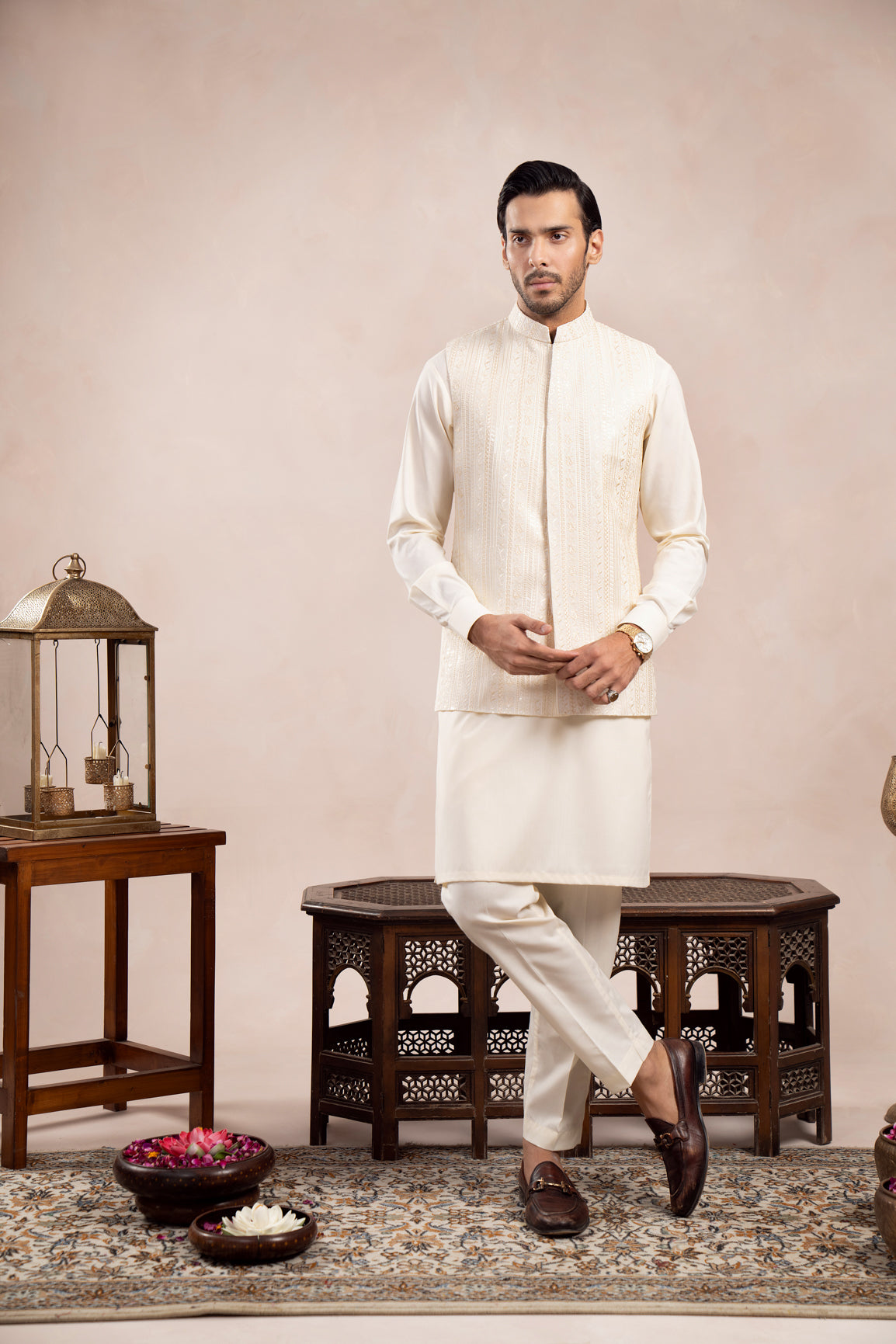 Bosky White Kurta Trouser with Falling Embroidered Waistcoat  - 3PC - Men