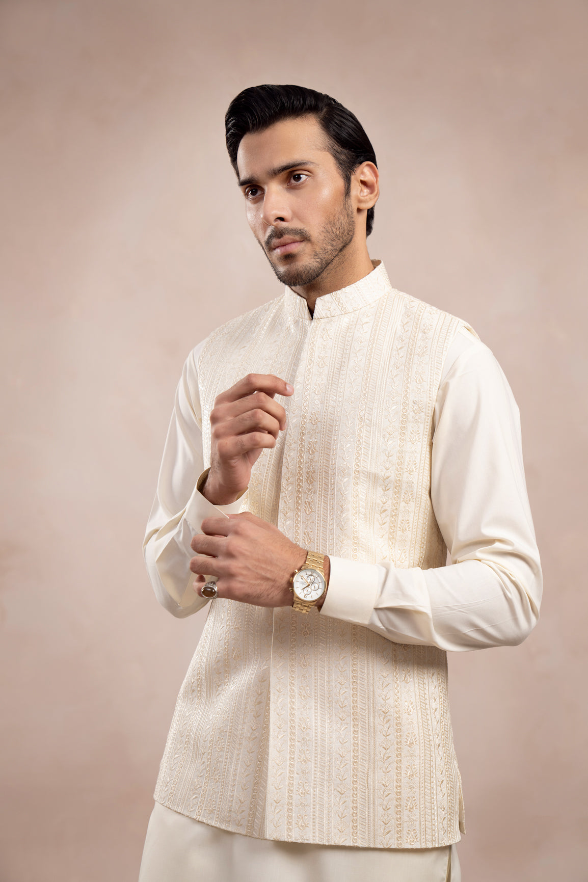 Bosky White Kurta Trouser with Falling Embroidered Waistcoat  - 3PC - Men