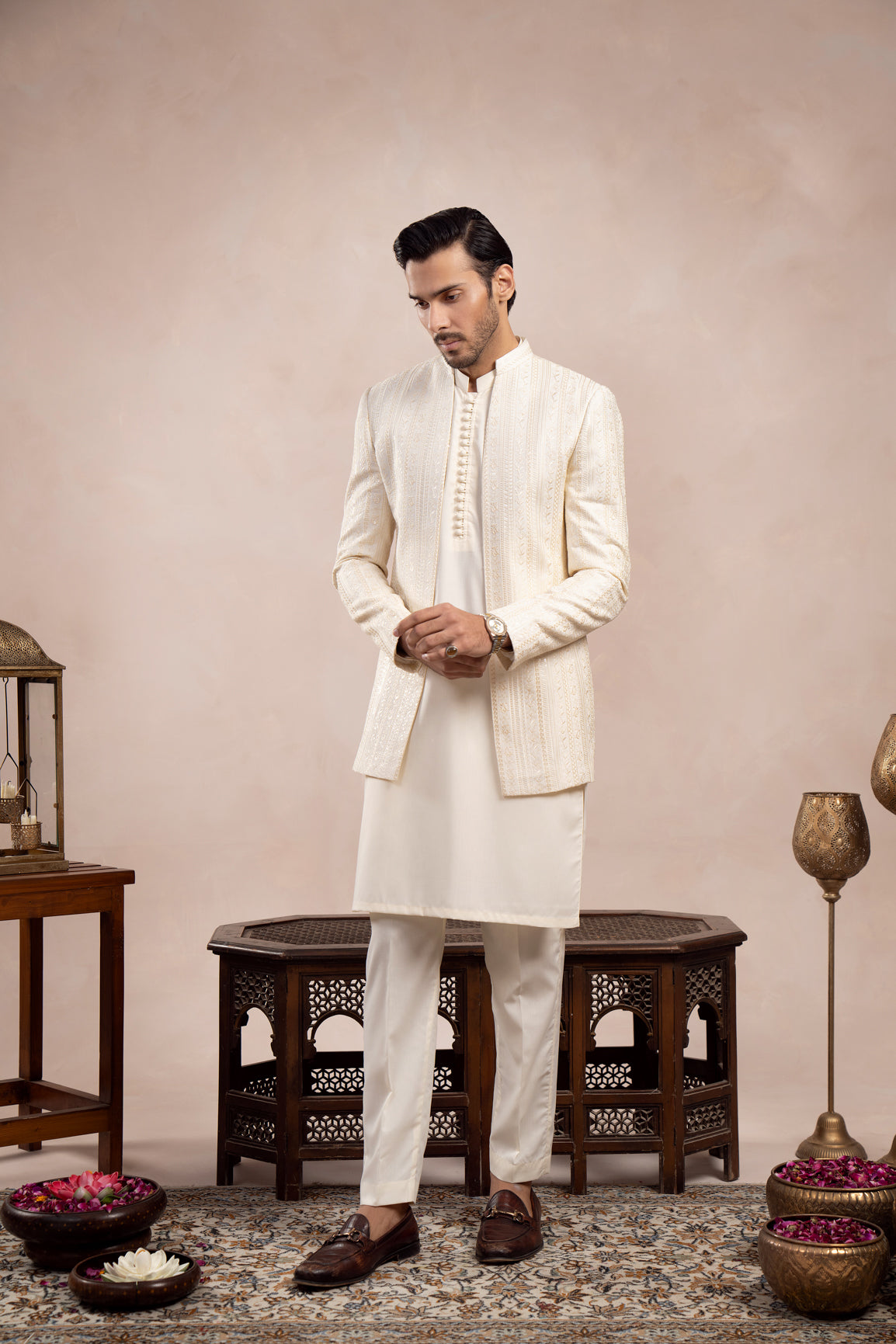 Bosky White Loop Kurta Trouser with Falling Embroidered Open Prince Coat - 3PC - Men