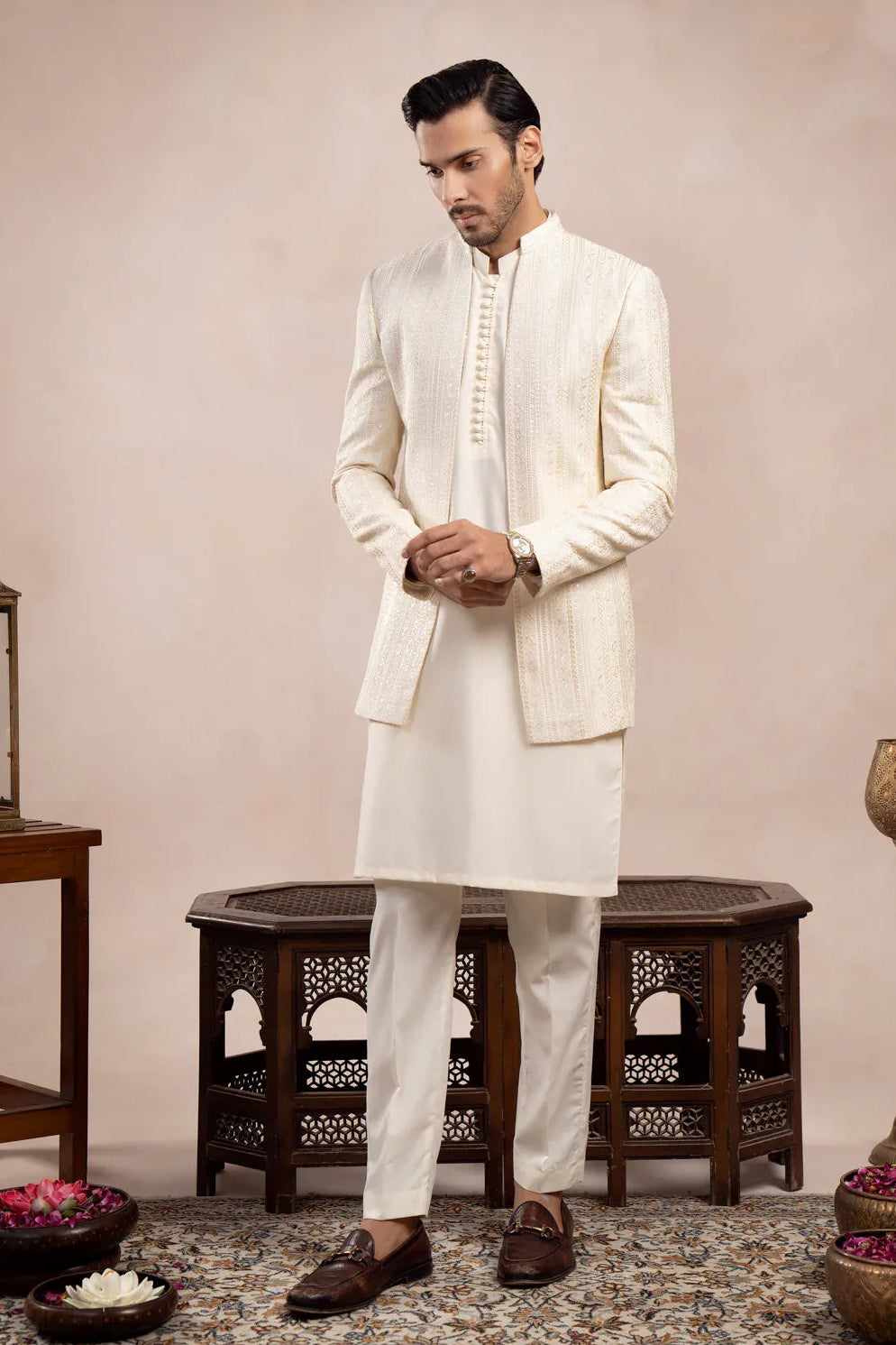 Bosky White Loop Kurta Trouser with Falling Embroidered Open Prince Coat - 3PC - Men - Muraqsh -- Wedding Wear