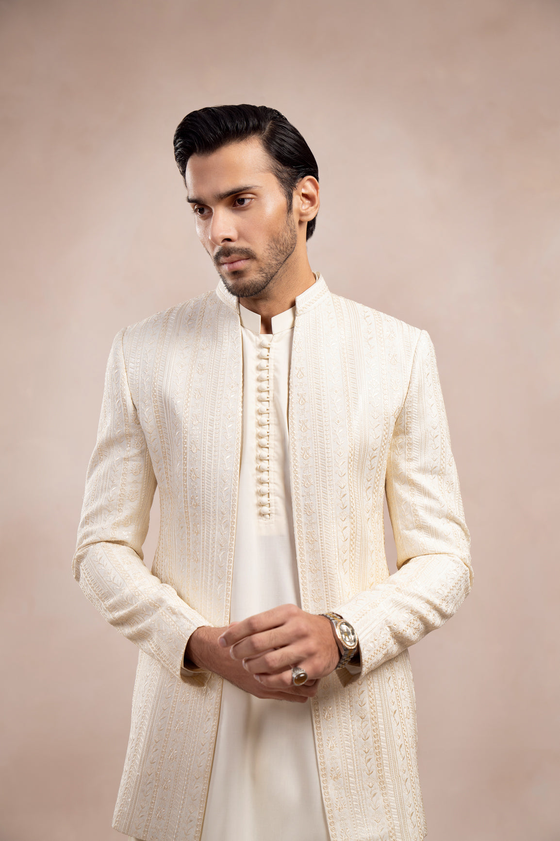 Bosky White Falling Embroidered Open Prince Coat - Men