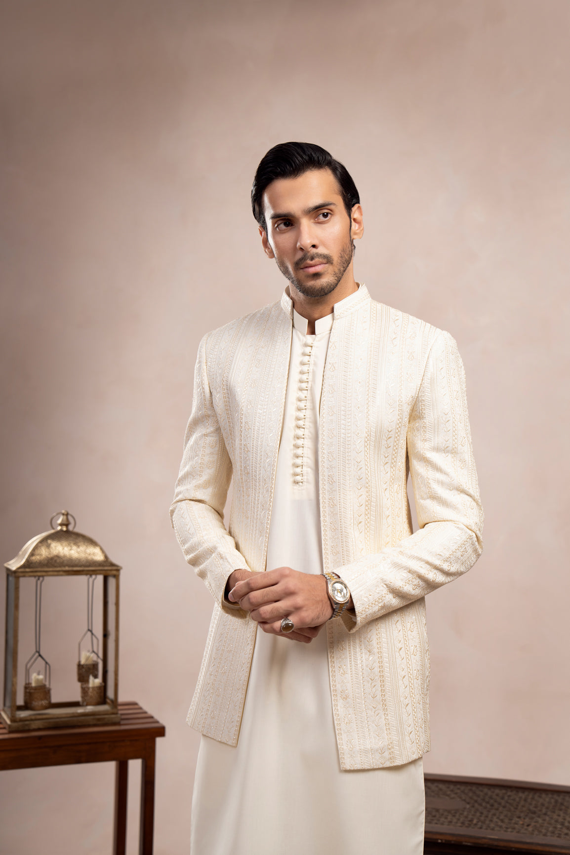 Bosky White Falling Embroidered Open Prince Coat - Men