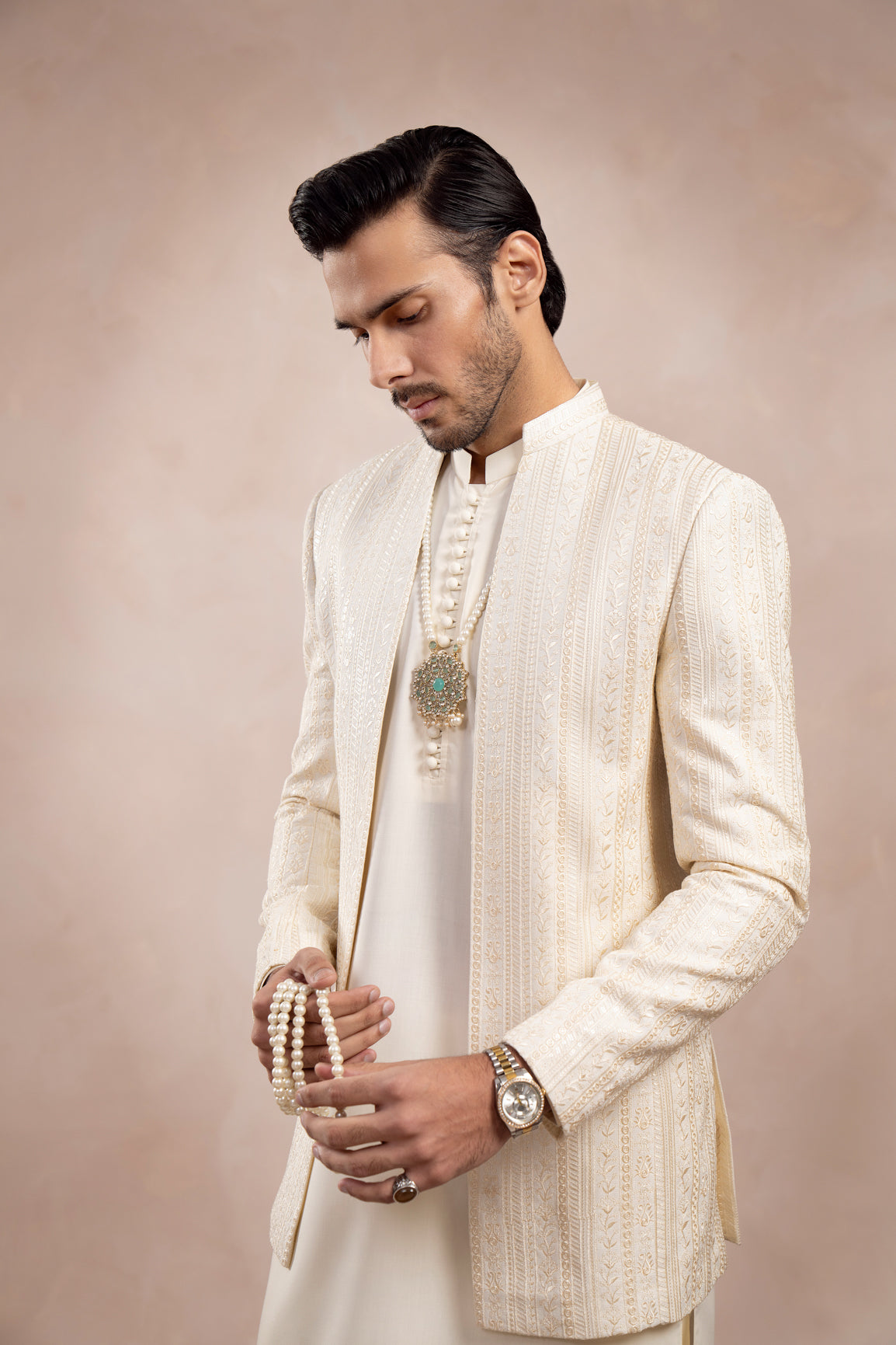 Bosky White Falling Embroidered Open Prince Coat - Men