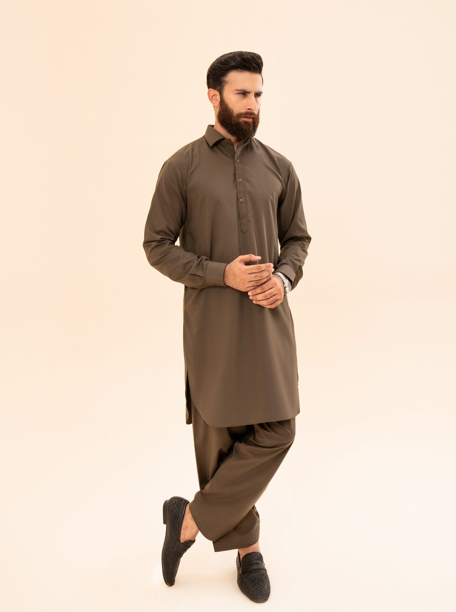 Olive Green French Collar Kameez Shalwar - Men