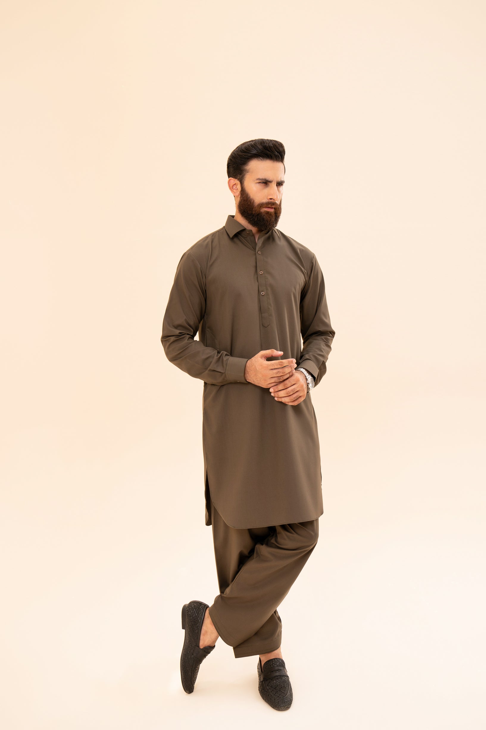 Pack of 2 French Collar Kameez Shalwar - Olive Green & Navy Blue