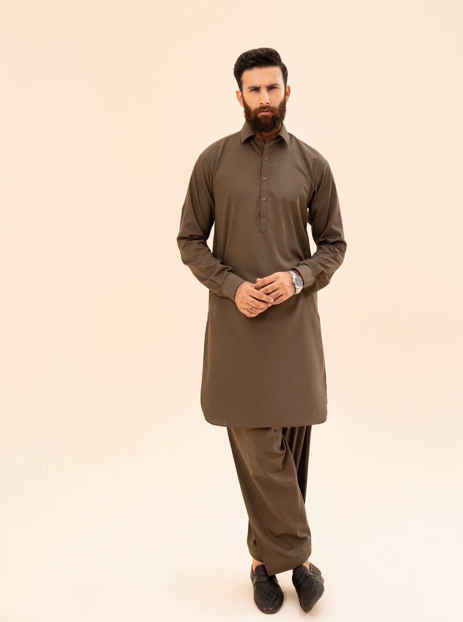 Olive Green French Collar Kameez Shalwar - Men