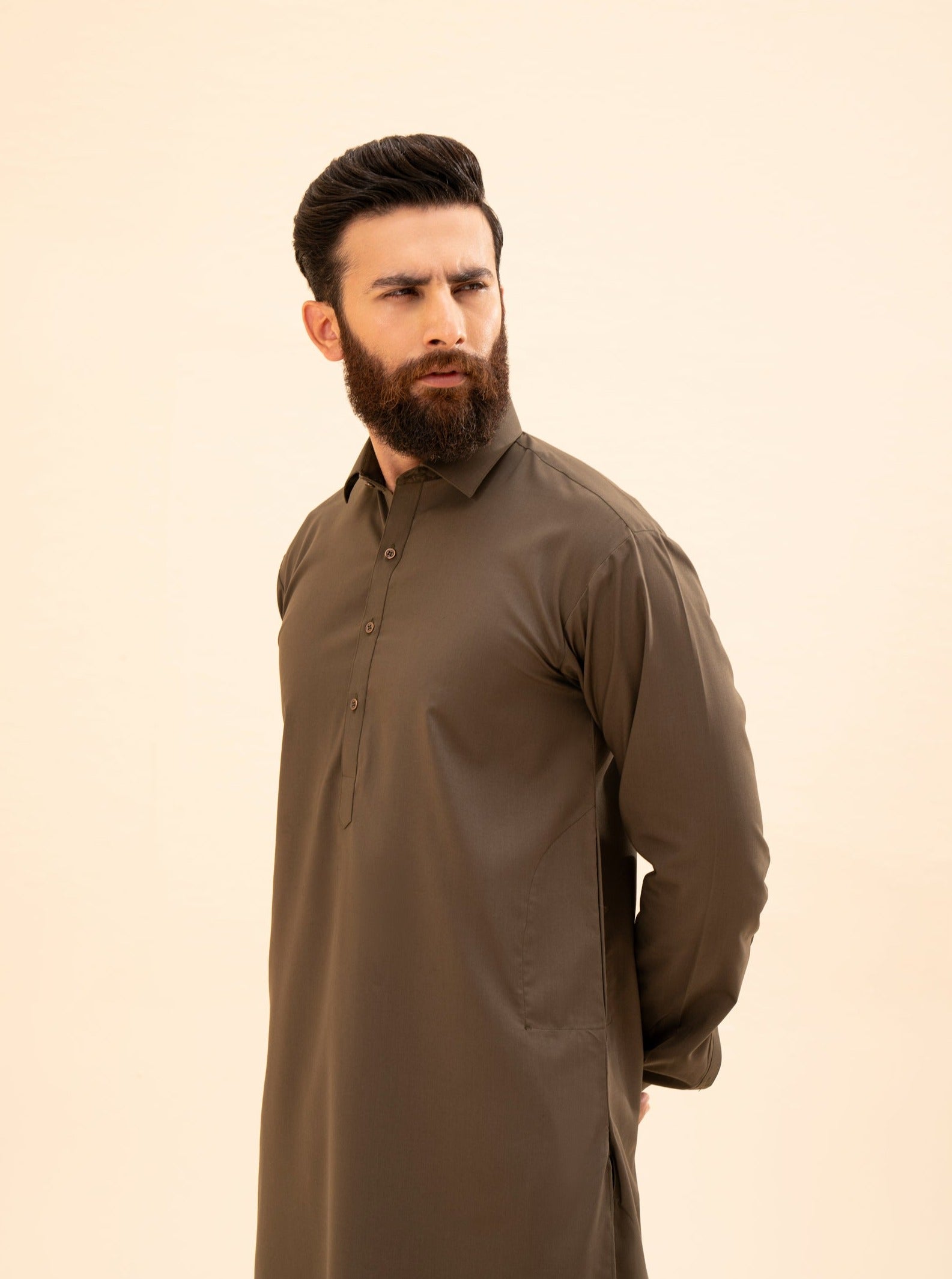 Olive Green French Collar Kameez Shalwar - Men