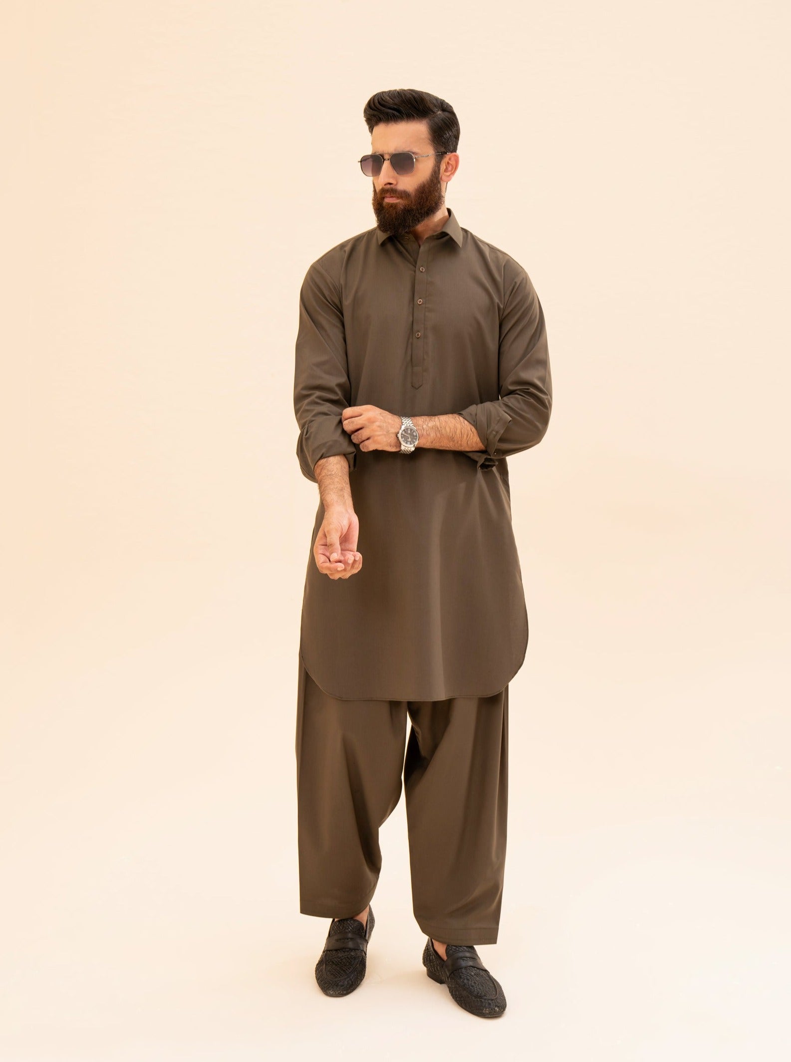 Olive Green French Collar Kameez Shalwar - Men