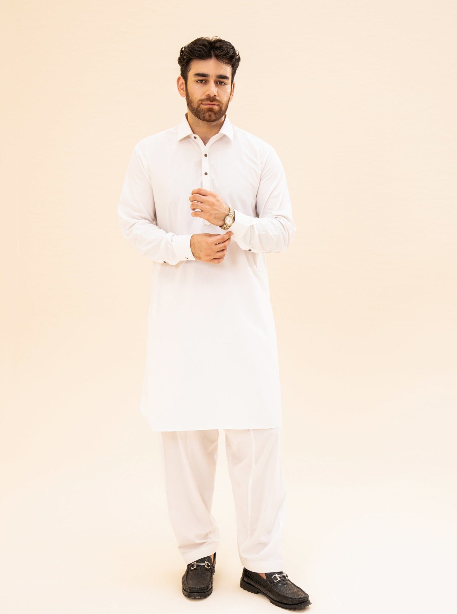 Off White French Collar Kameez Shalwar - Men