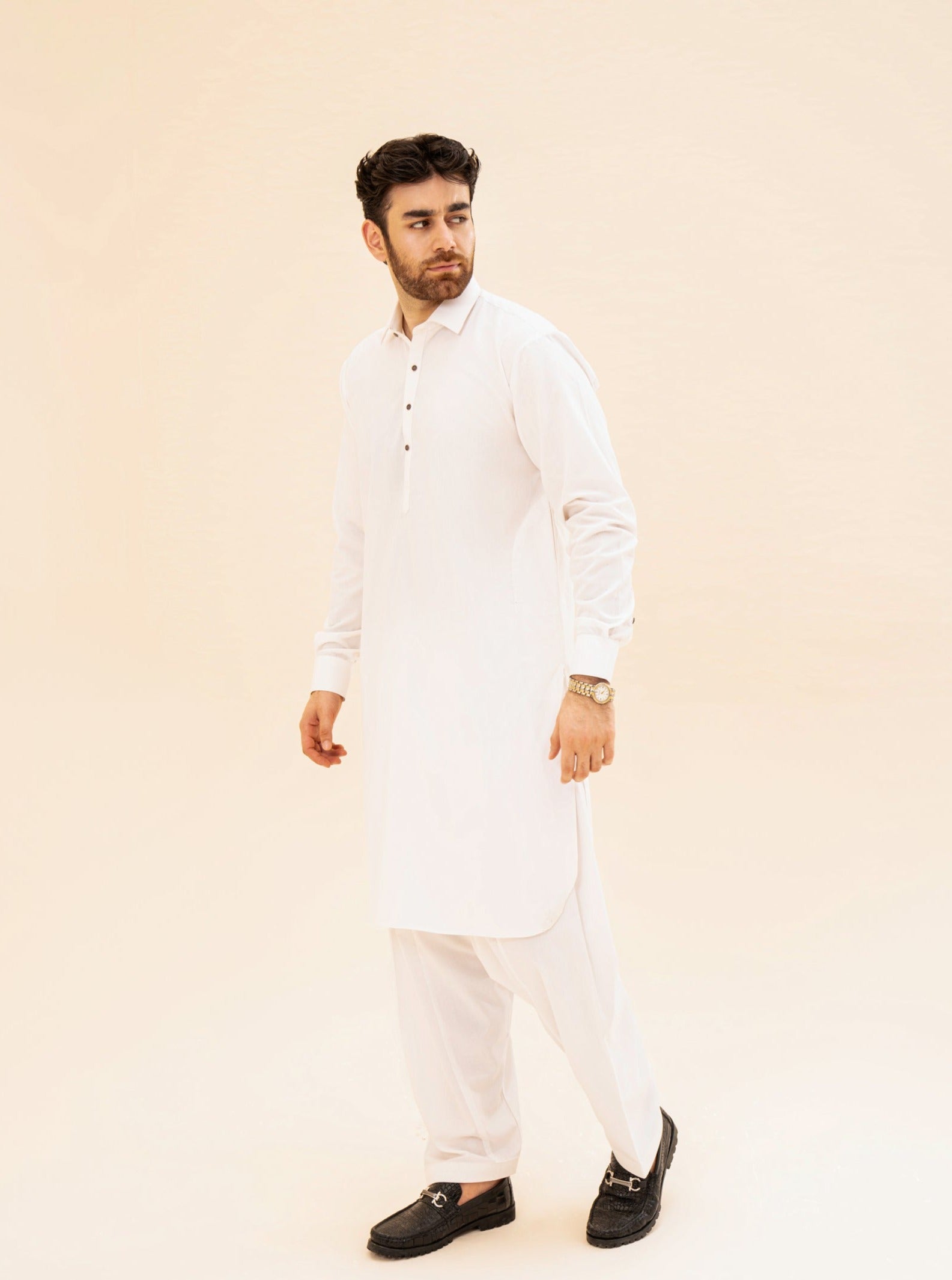 Off White French Collar Kameez Shalwar - Men