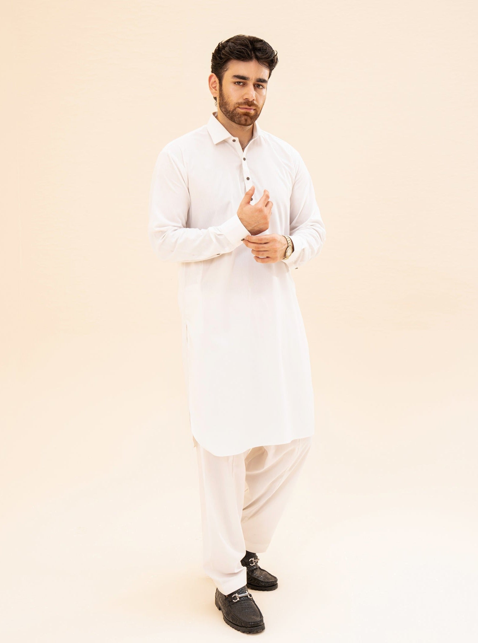 Off White French Collar Kameez Shalwar - Men