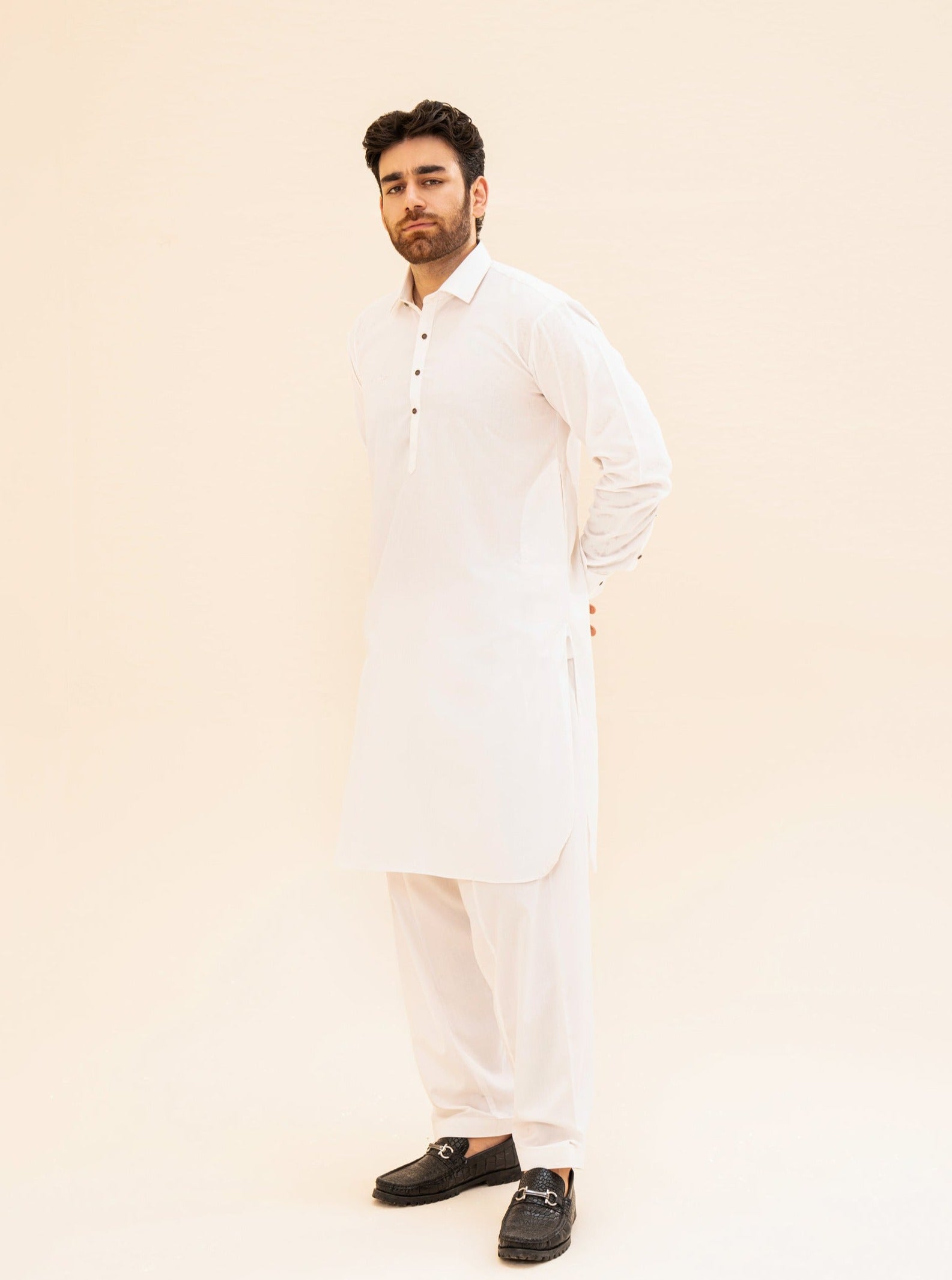 Off White French Collar Kameez Shalwar - Men