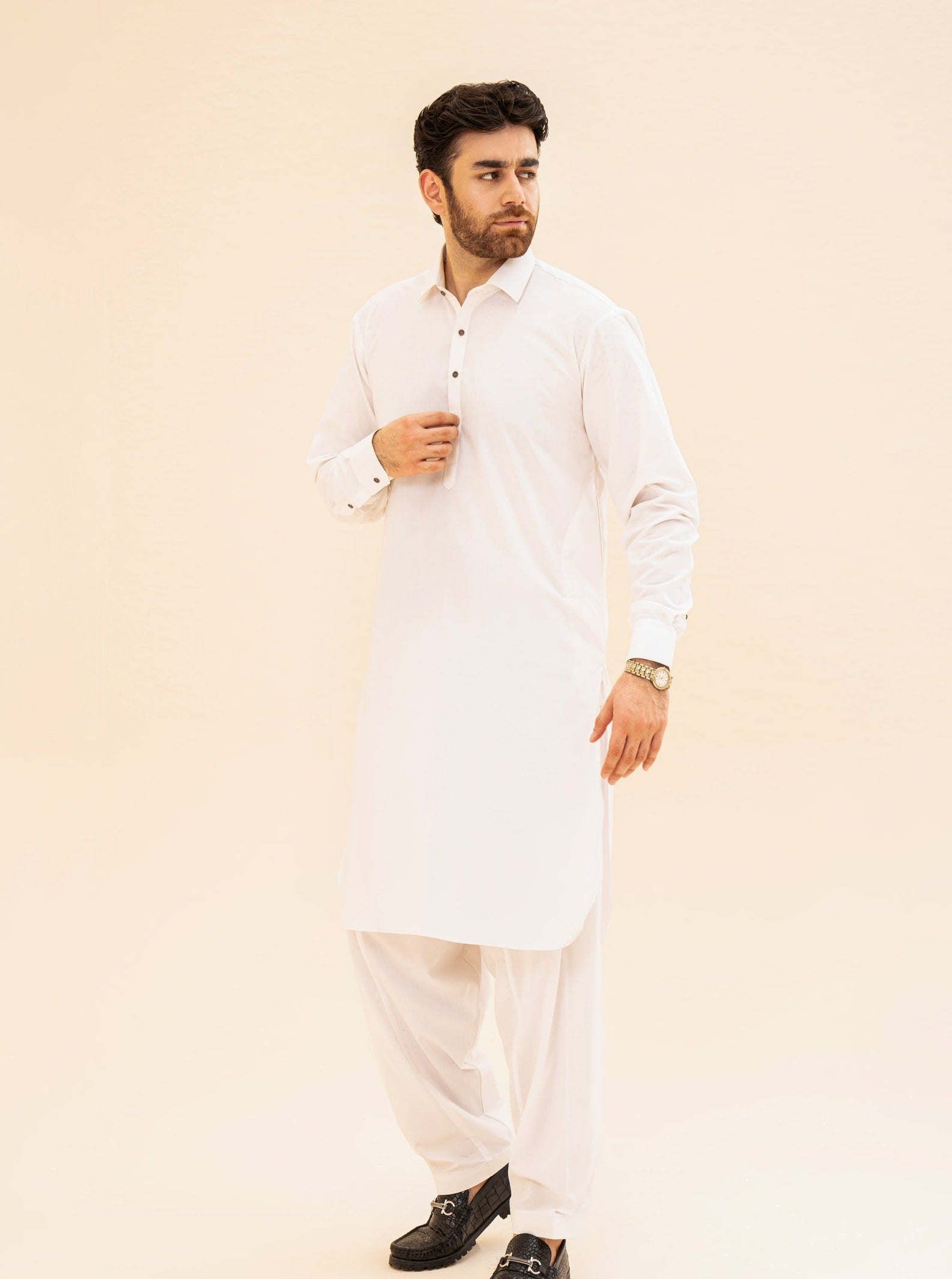 Off White French Collar Kameez Shalwar - Men