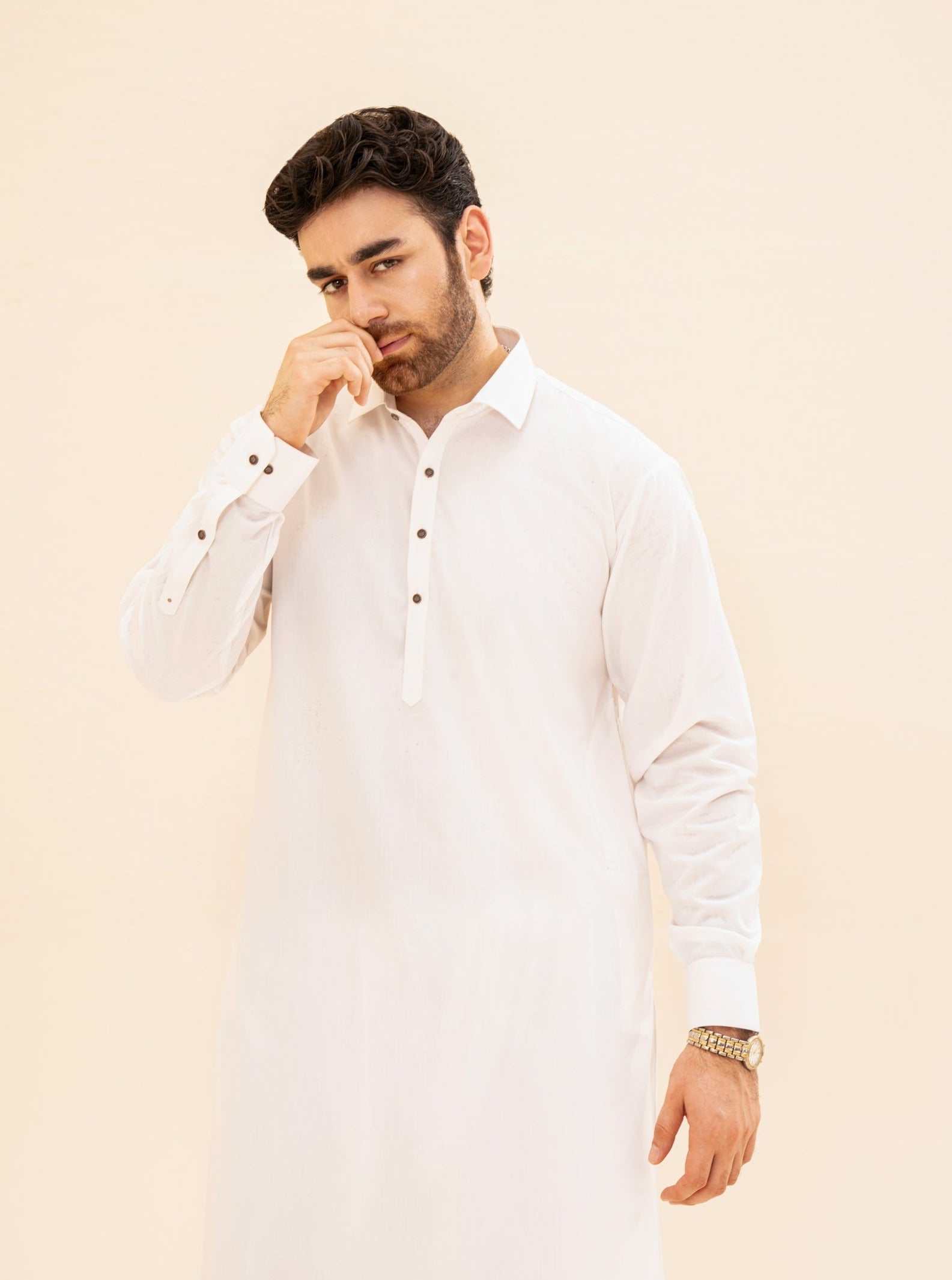 Off White French Collar Kameez Shalwar - Men