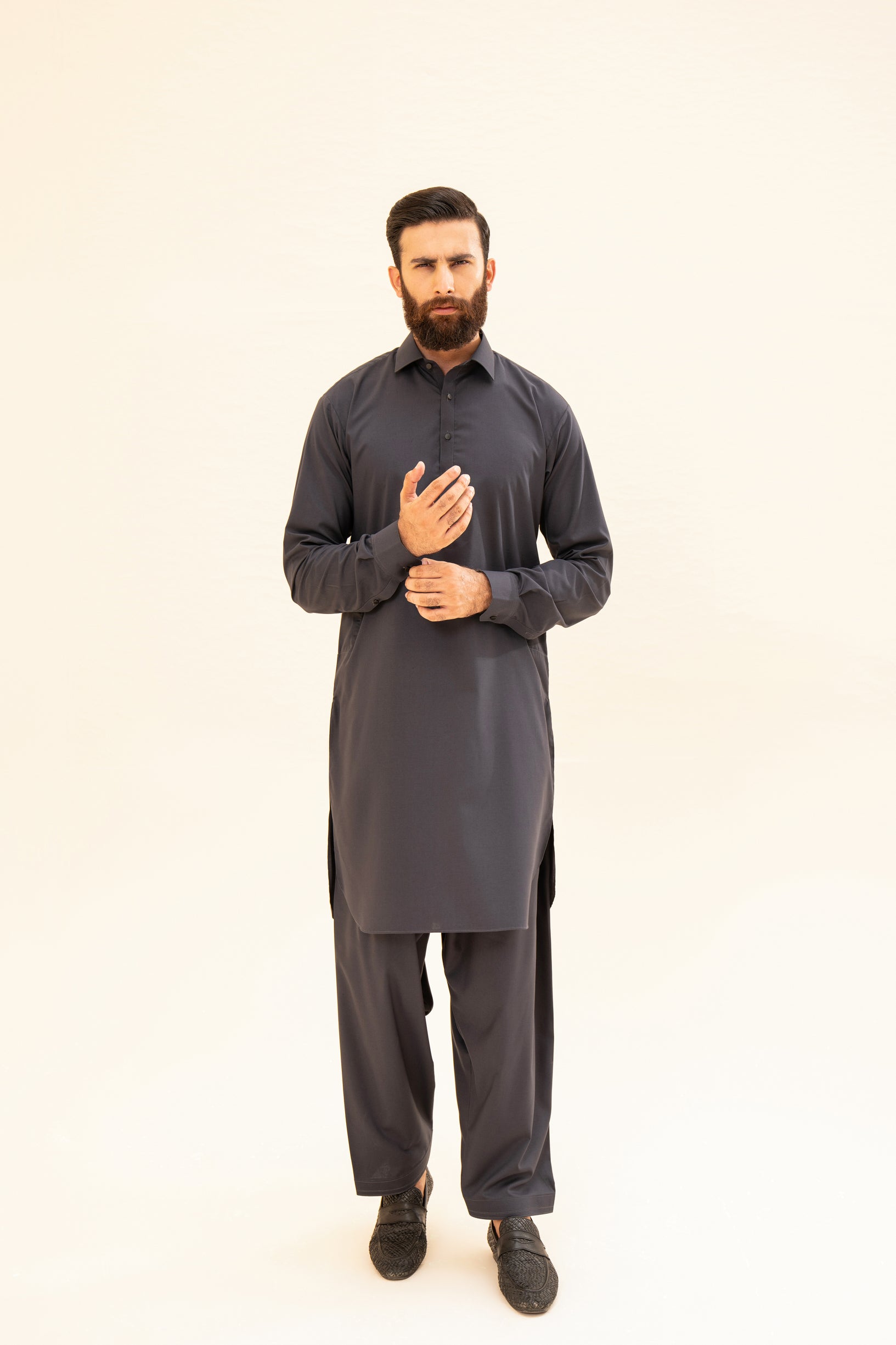 Pack of 2 French Collar Kameez Shalwar - Charcoal Grey & Ivory