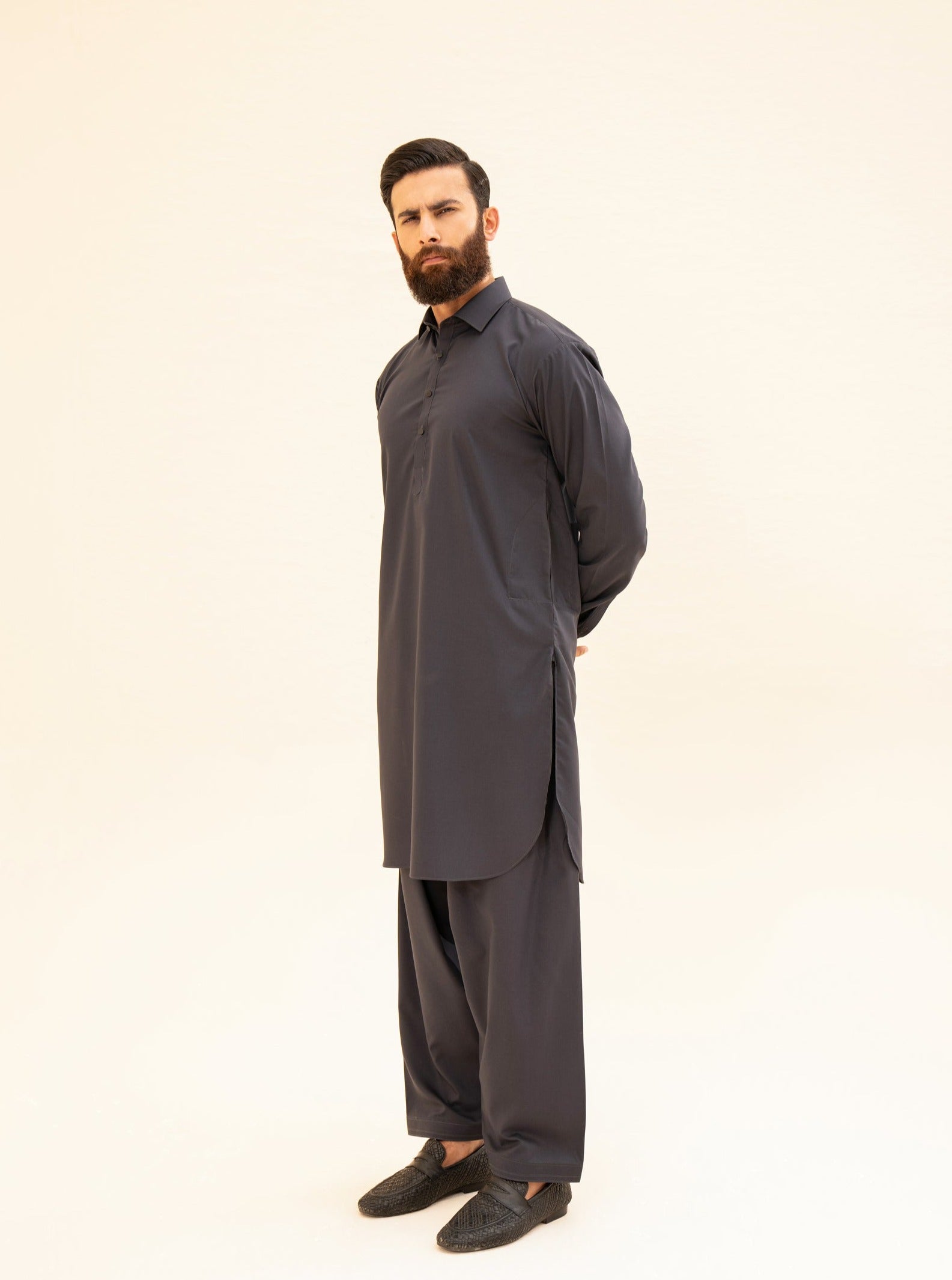 Charcoal Grey French Collar Kameez Shalwar - Men