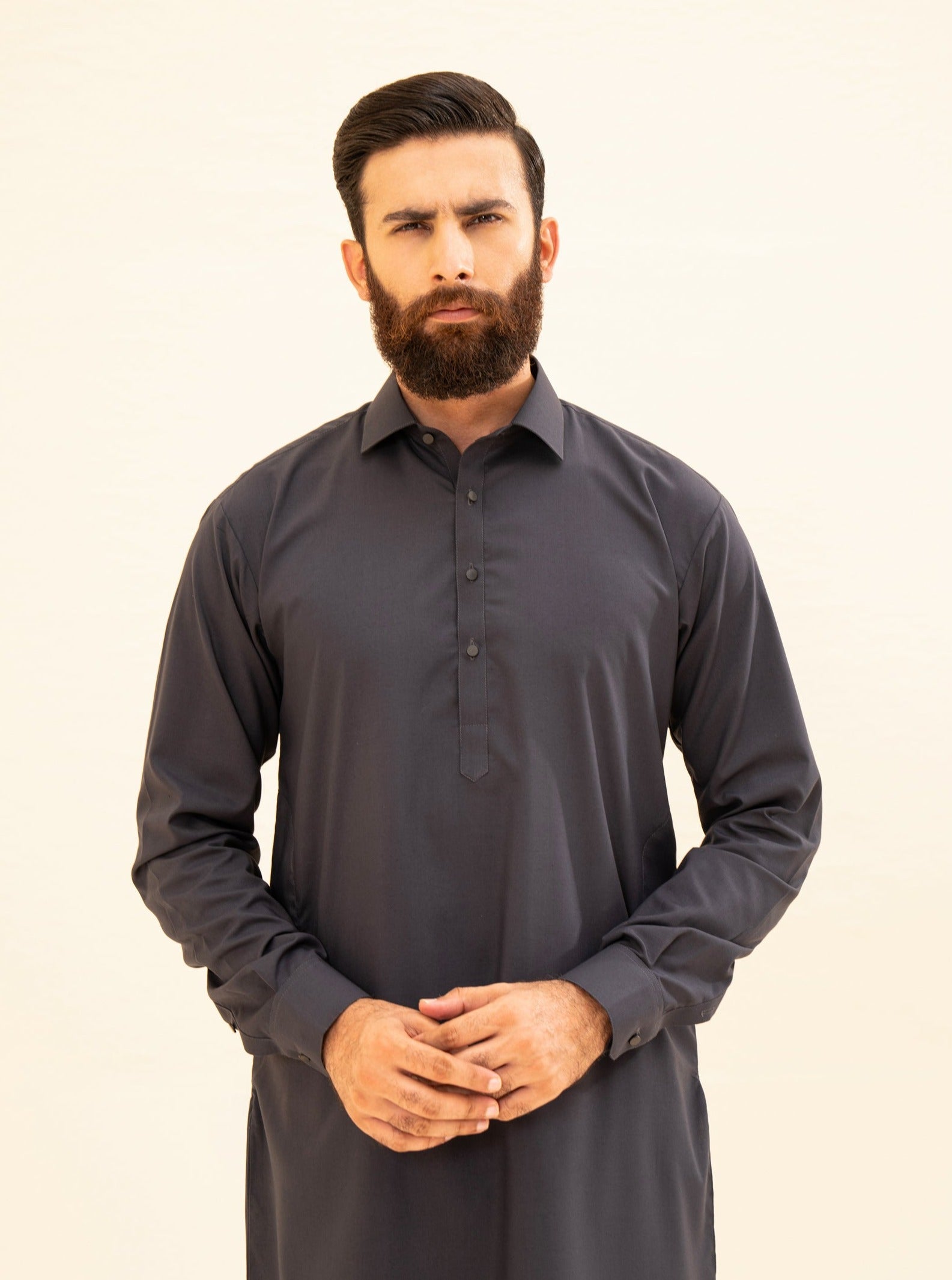 Charcoal Grey French Collar Kameez Shalwar - Men