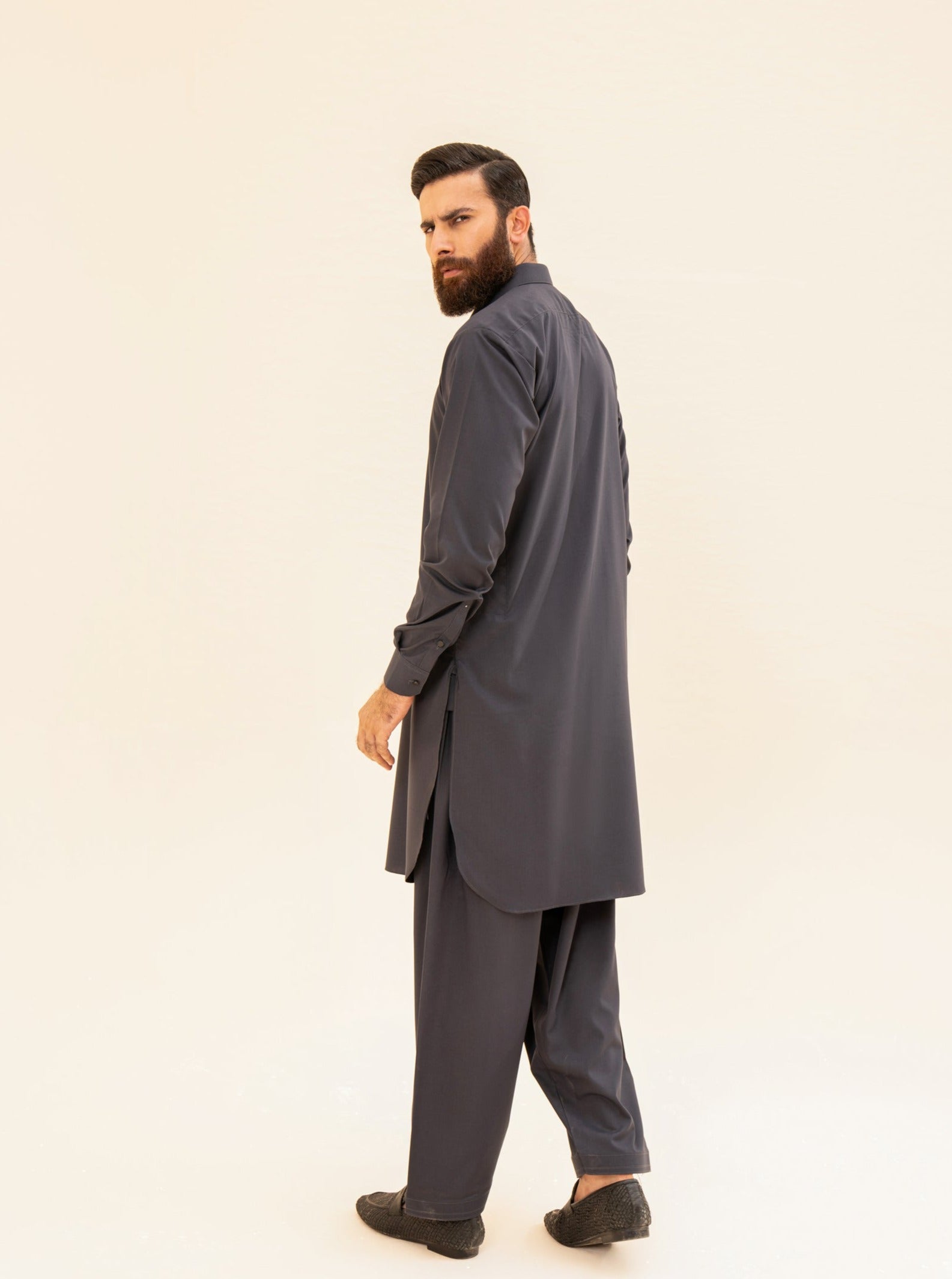 Charcoal Grey French Collar Kameez Shalwar - Men