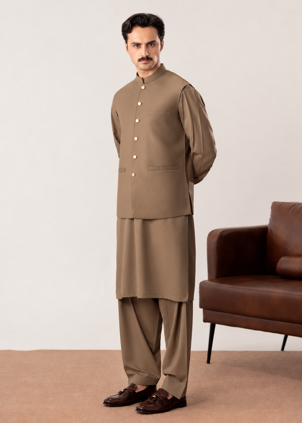 Stone Brown Kurta Shalwar with Pick-Stitch Matching Waistcoat - Men