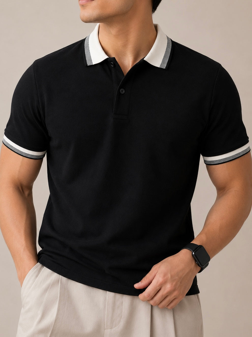 Black Basic Polo - Contrast Collar  - Men - Men