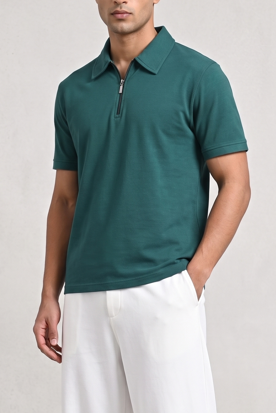 Teal Green Interlock Zipper Polo - Boxy Fit - Men - Men