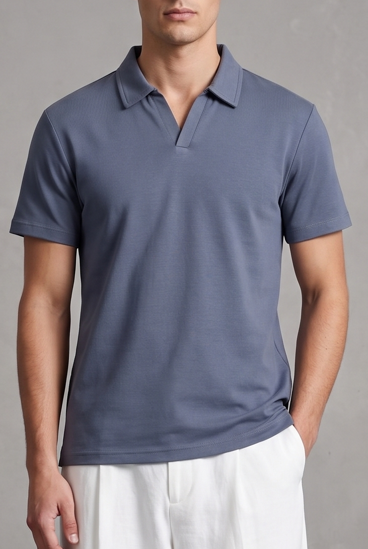 Bluish Grey Interlock Johnny Collar Polo - Smart Fit - Men - Men