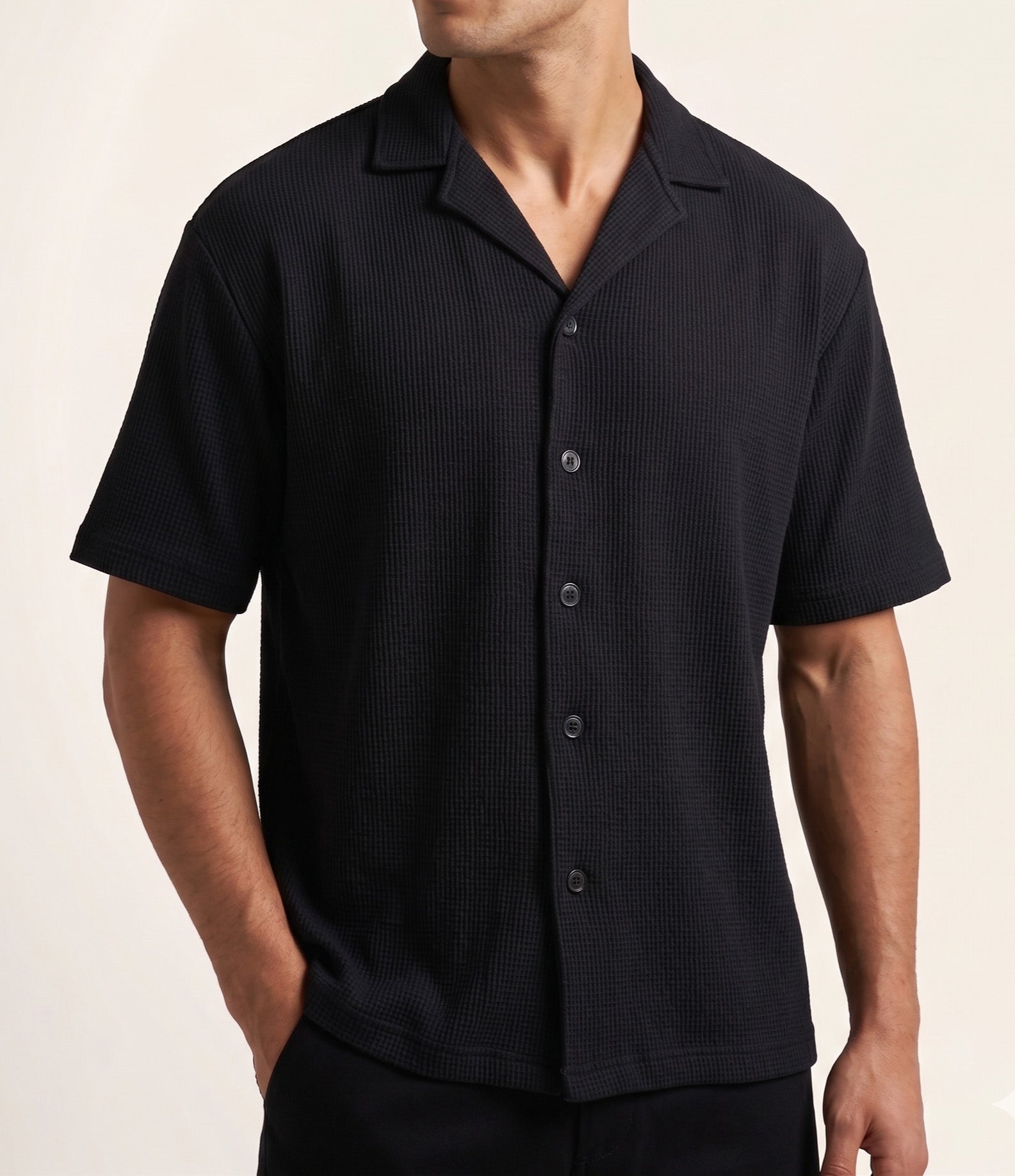 Black Waffle Boxy Revere Button Down - Men - Men