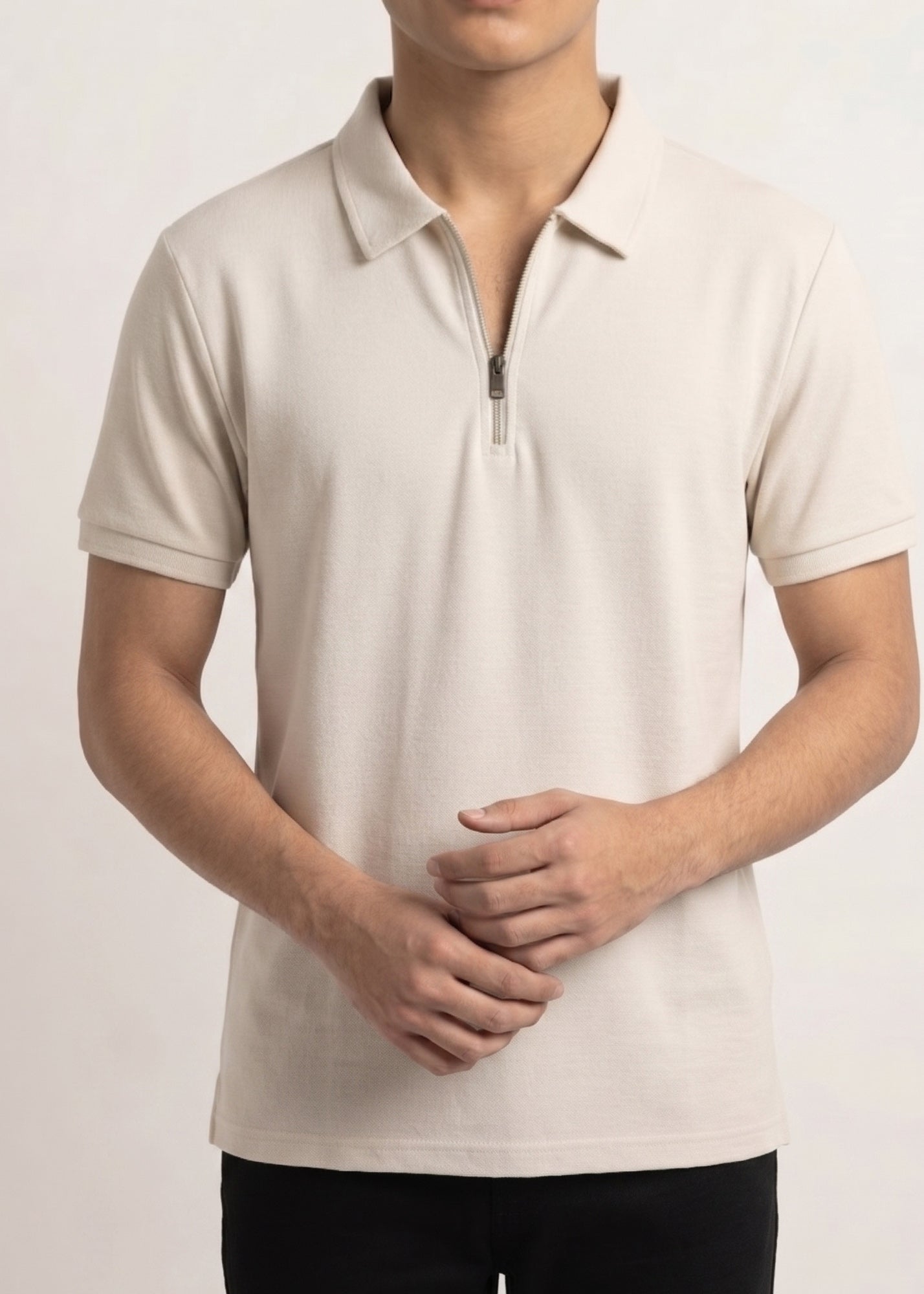 Off White Basic Zipper Polo - Smart Fit- Men - Men